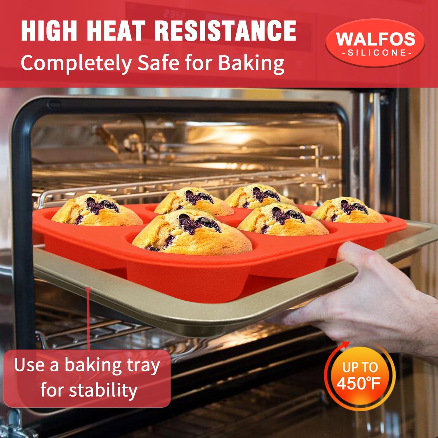 Walfos Silicone Muffin Pan - 6 Cup Non-Stick Silicone Cupcake Pan, Just Release! Food Grade and BPA Free Baking Cups, Perfect for Egg Muffin, Cupcake