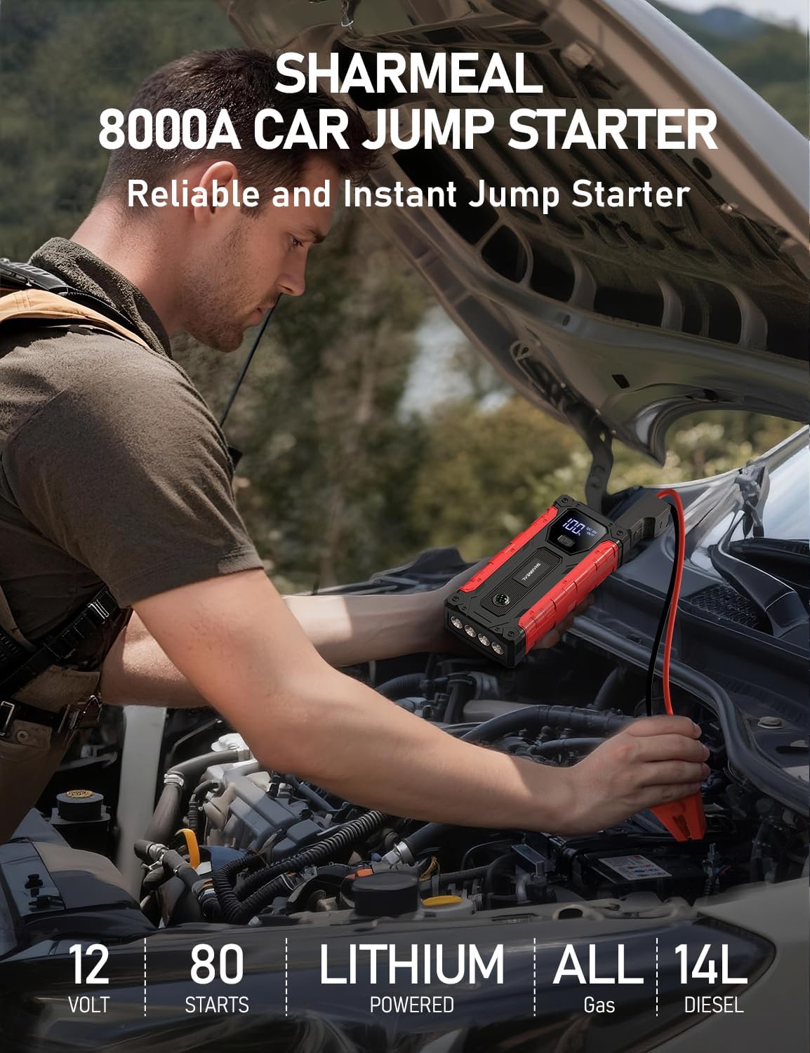 Sharmeal Car Battery Jump Starter 7000A, Jump Starter Battery Pack for All Gas and 12.0L Diesel, 12V Portable Jump Box with LED Light