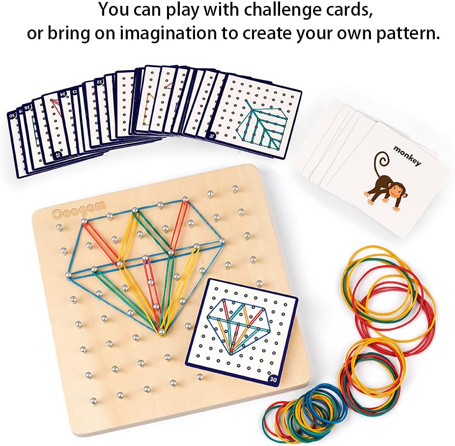 Coogam Wooden Geoboard Mathematical Manipulative Material Array Block Geo Board – Graphical Educational Toys with 30Pcs Pattern Cards and Latex