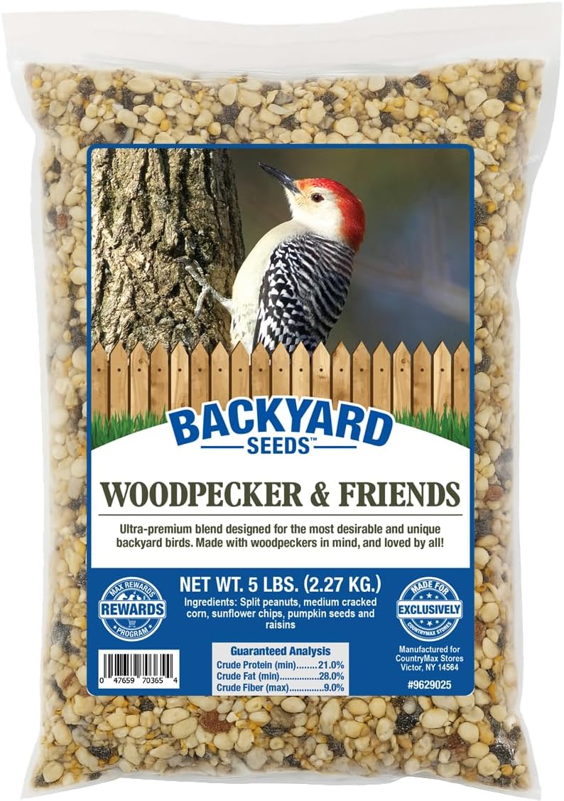 Backyard Seeds Woodpecker No-Waste Bird Seed Mix 5lbs - Premium Shelled Peanuts & Sunflower Chips, Small Bag of Wild Bird Food