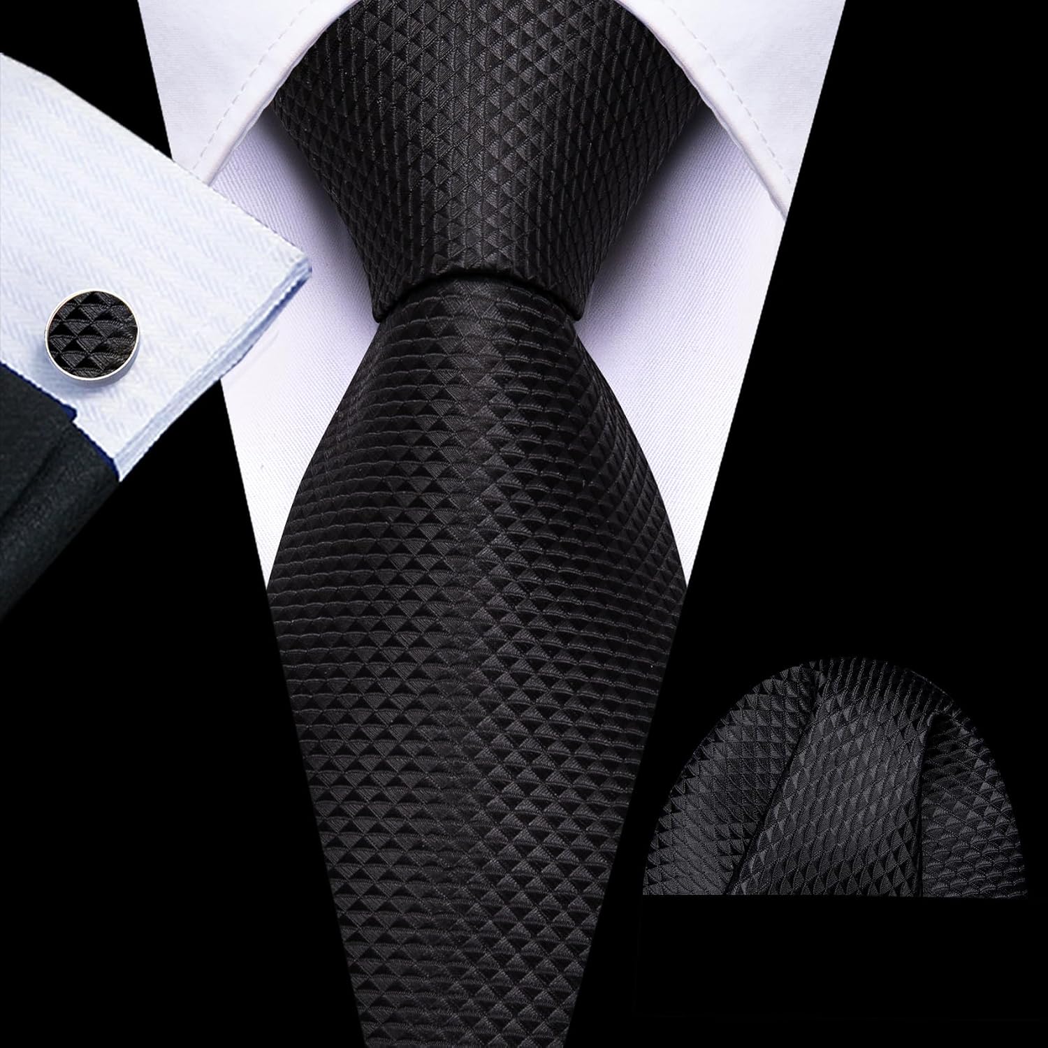 Barry.Wang Plaid Ties for Men Silk Necktie Handkerchief Cuff Links Set