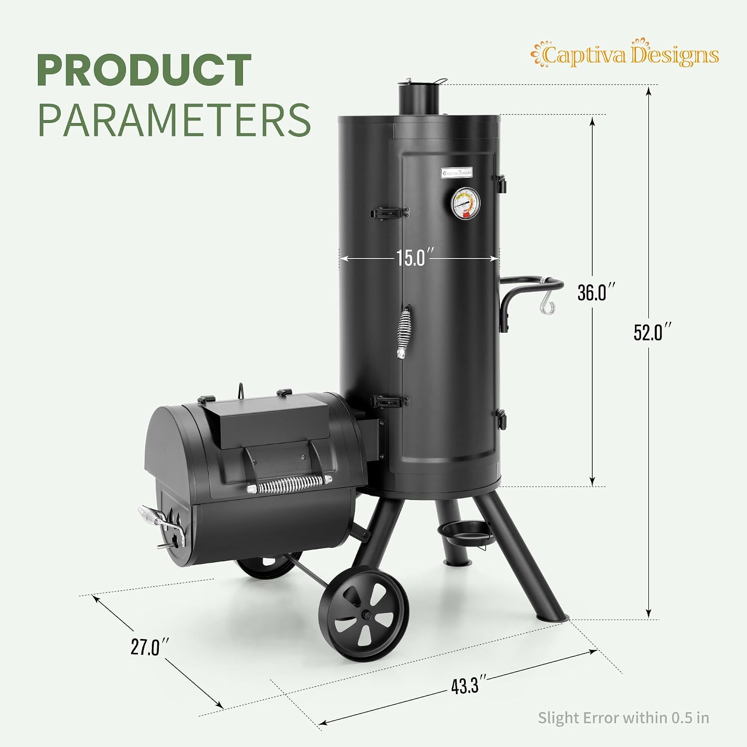 Captiva Designs Vertical Charcoal Smoker Grill Extra Large Barbecue Grill | 961 SQ.IN Outdoor Barrel BBQ Meat Smoker with 5 Removable Smoking Grates & Built-in Hooks for Outdoor Backyard Cooking