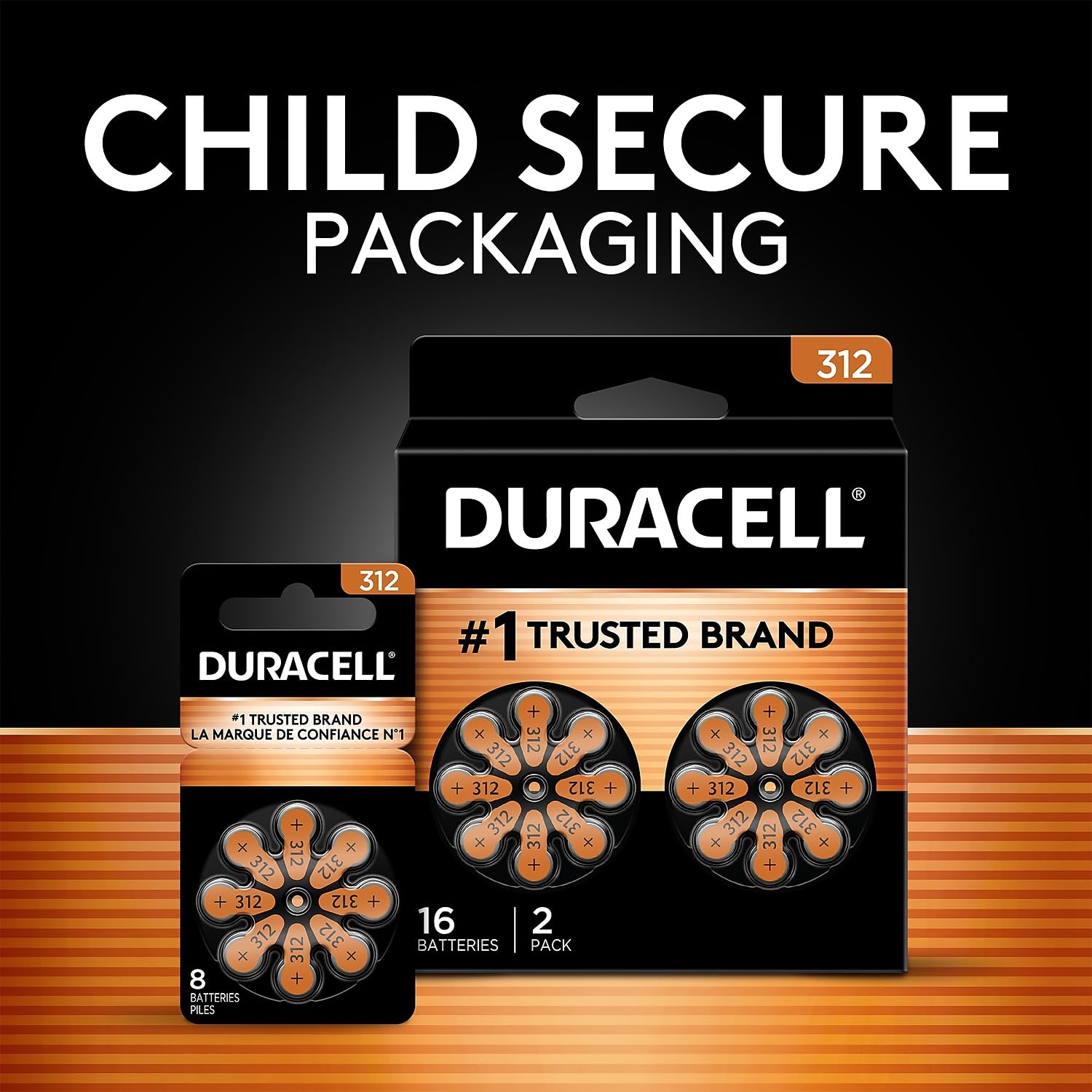 Duracell Hearing Aid Batteries Size 312, Brown, 16 Count (Pack of 1), Long-lasting Power, Extra-long EasyTab Install