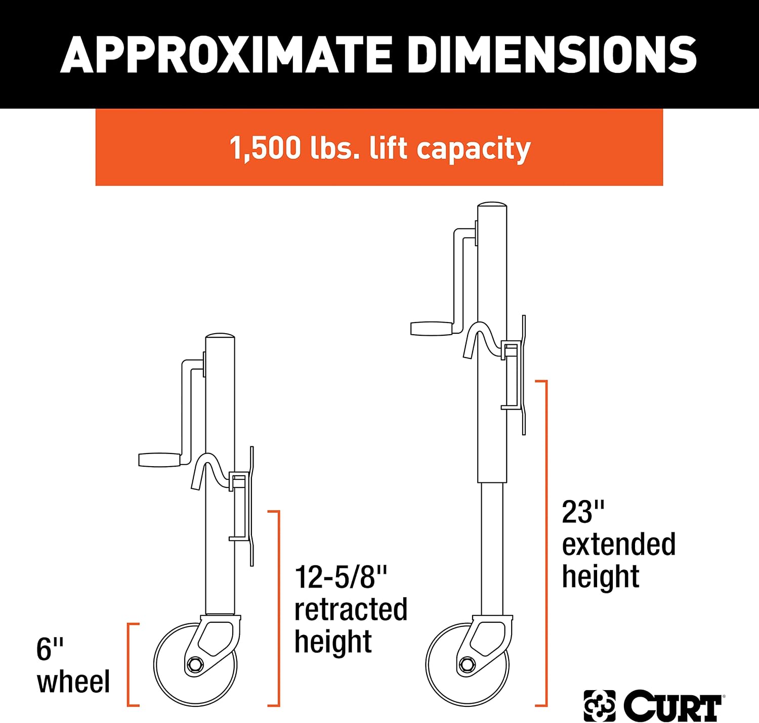 CURT 28155 Marine Boat Trailer Jack with 6-Inch Wheels, 1,500 lbs., 10-3/8 Inches Vertical Travel