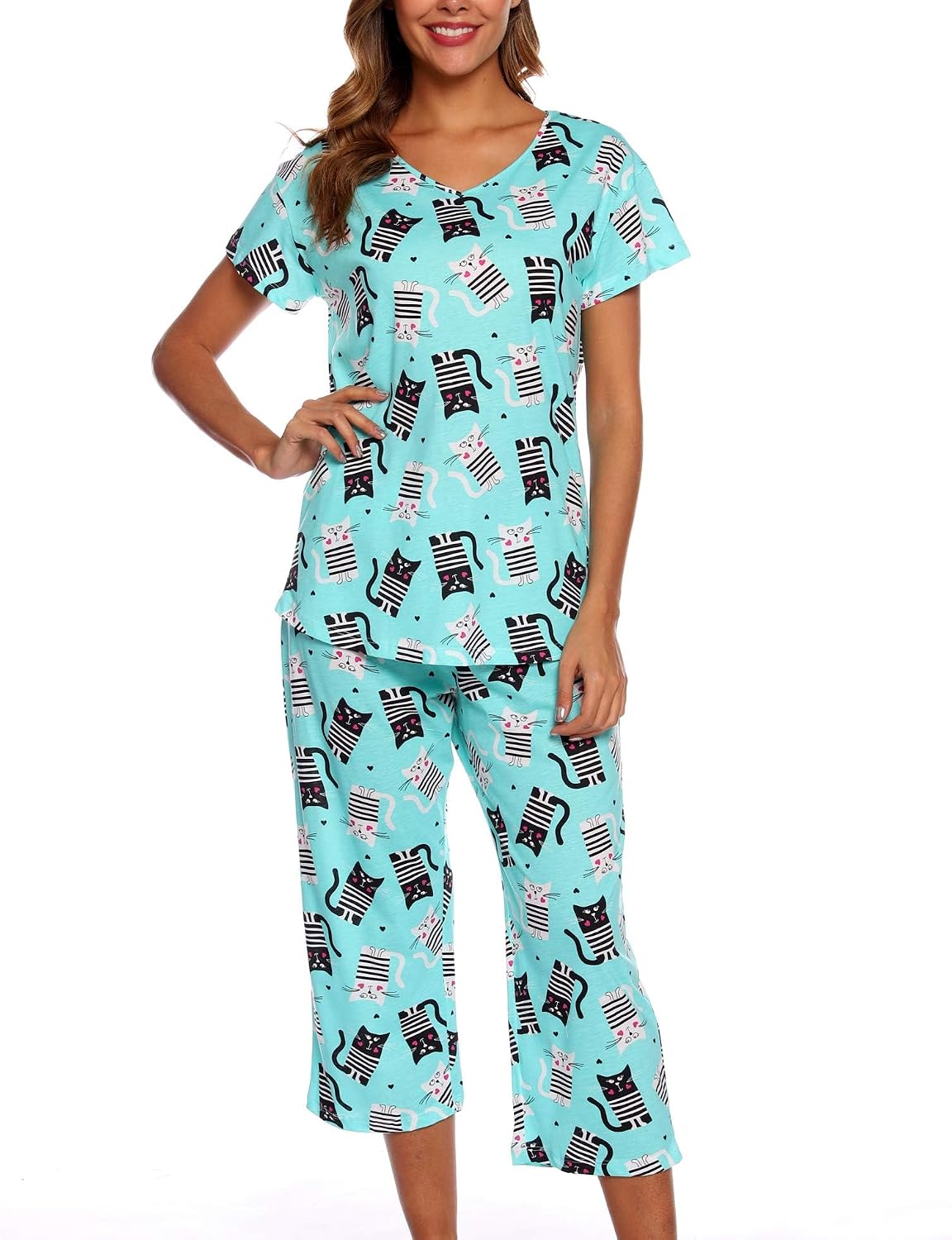 ENJOYNIGHT Womens Pajama Set Cotton Short Sleeve Top With Capri Pants Pj