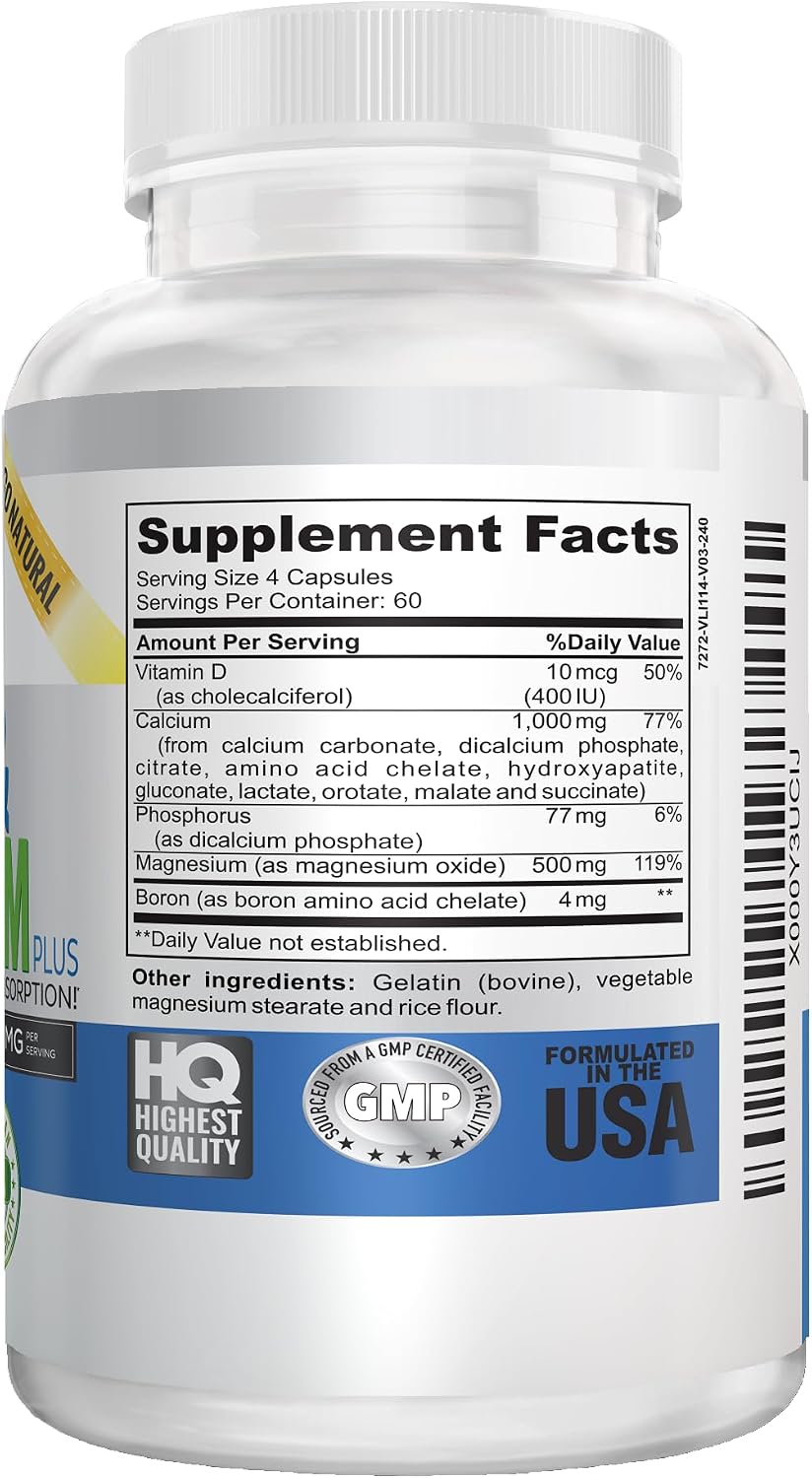 Vitalité Now! Calcium Magnesium Supplement 1000mg with Vitamin D | 10 Forms of Calcium for Maximum Absorption - Bone Strength Support with Boron