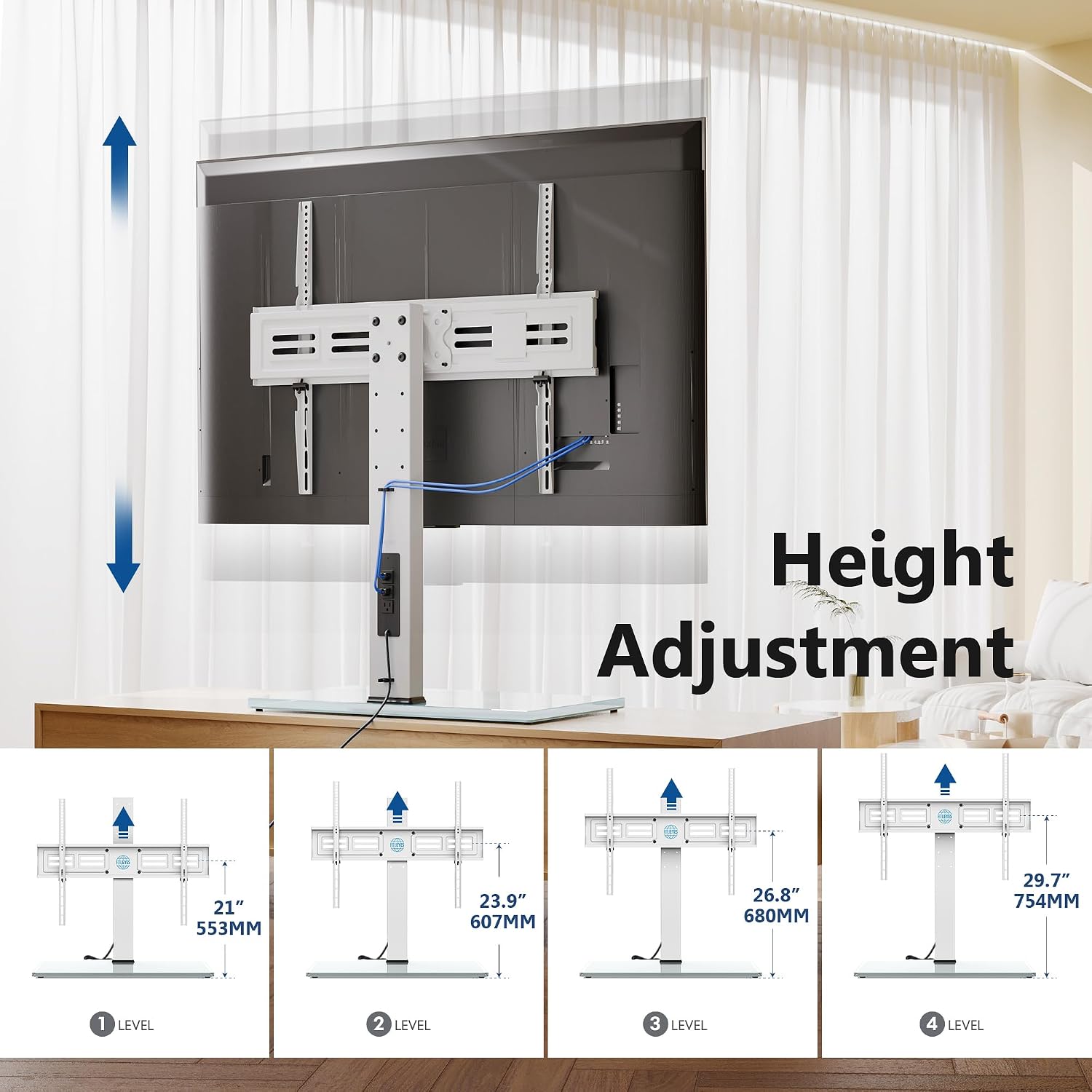 FITUEYES Universal TV Stand with Swivel Mount for 50-85 inch Flat Screens - Height Adjustable Tempered Glass Base Holds up to 143 lbs
