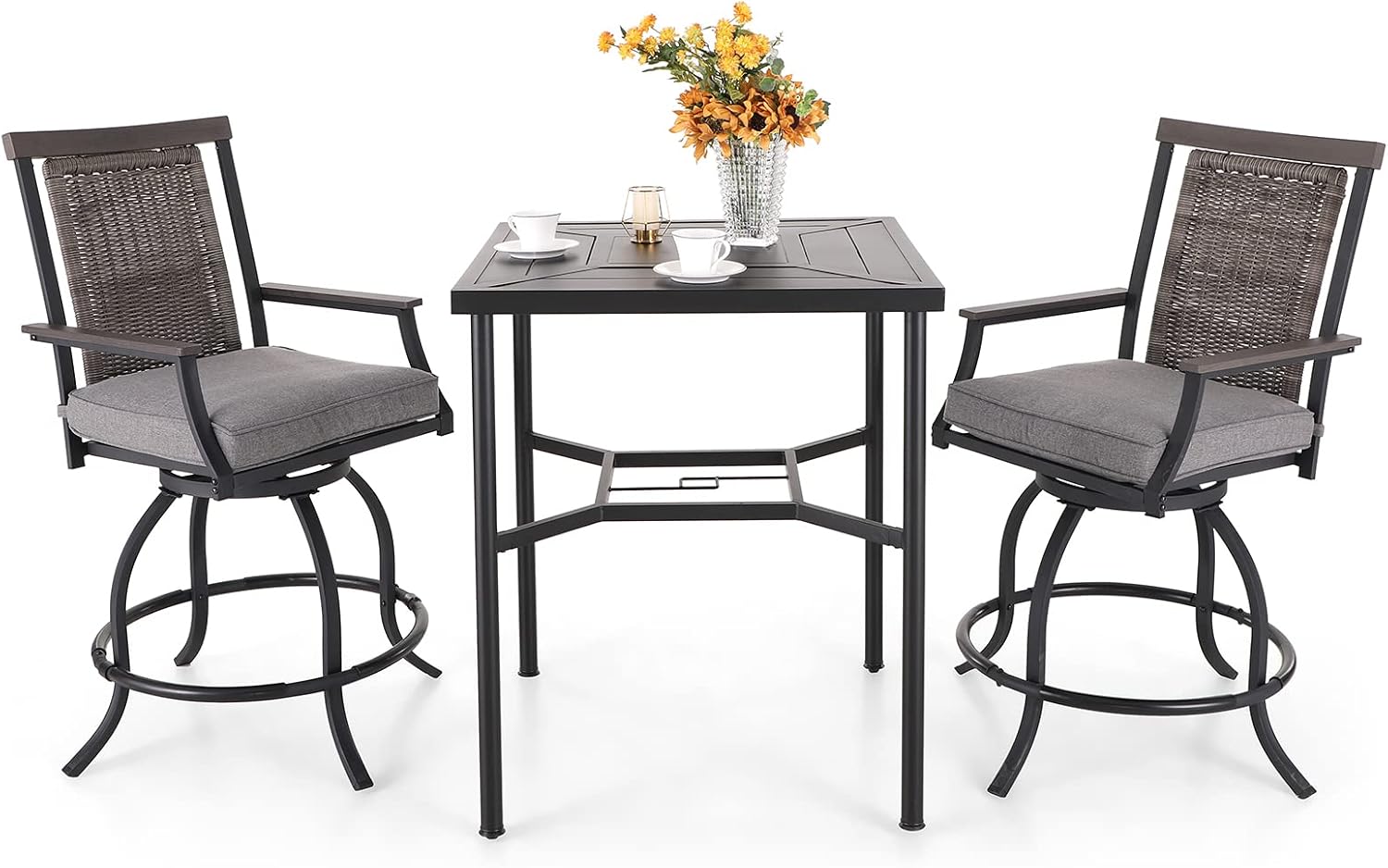 PHI VILLA Outdoor Bar Set 3 PCS Patio Bistro Table & Swivel Stools