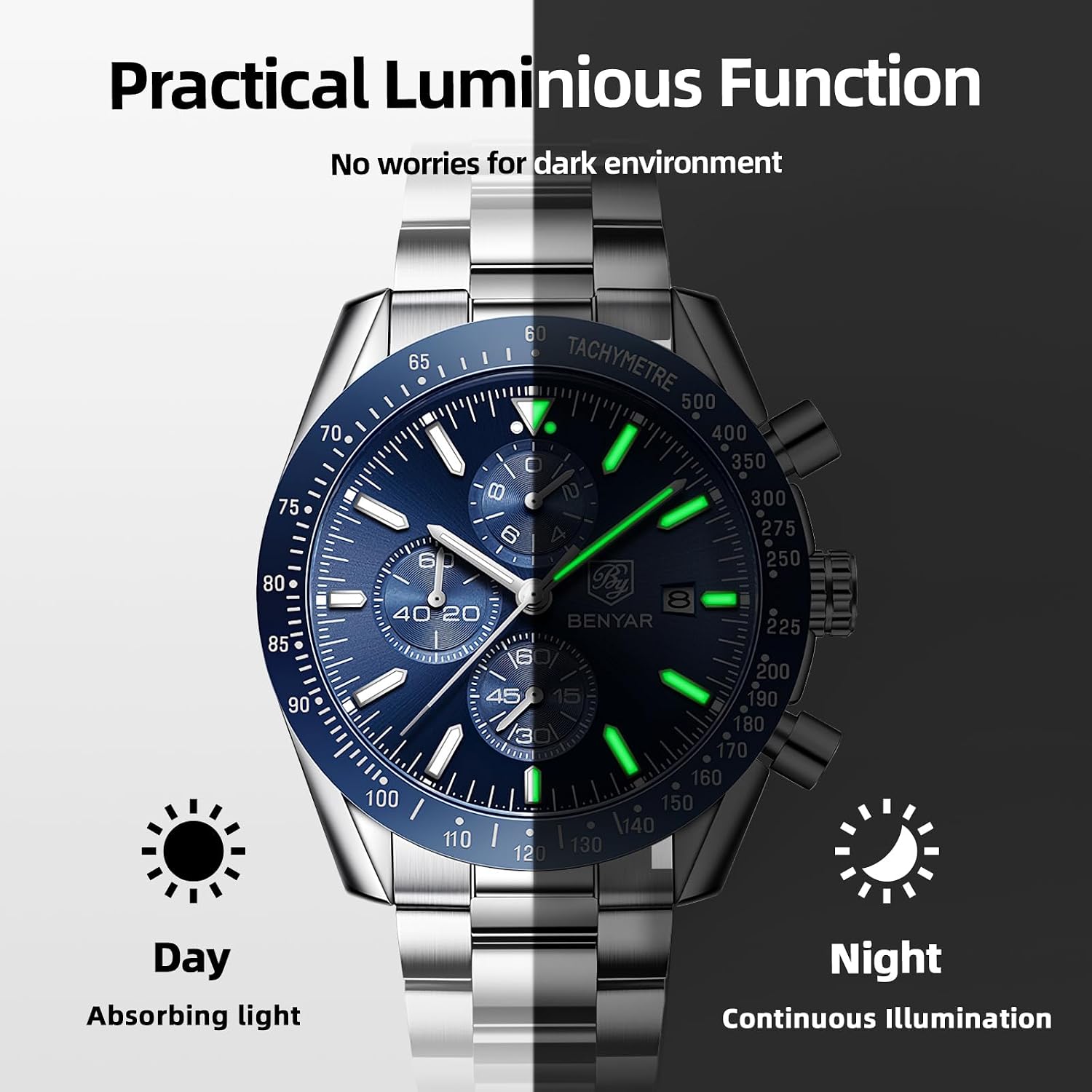 BENYAR Watch for Men Analog Quartz Chronograph Waterproof Luminous Designer Mens Wrist Watches Business Work Sport Casual Dress Watch with Silicone Strap Elegant Gifts for Men