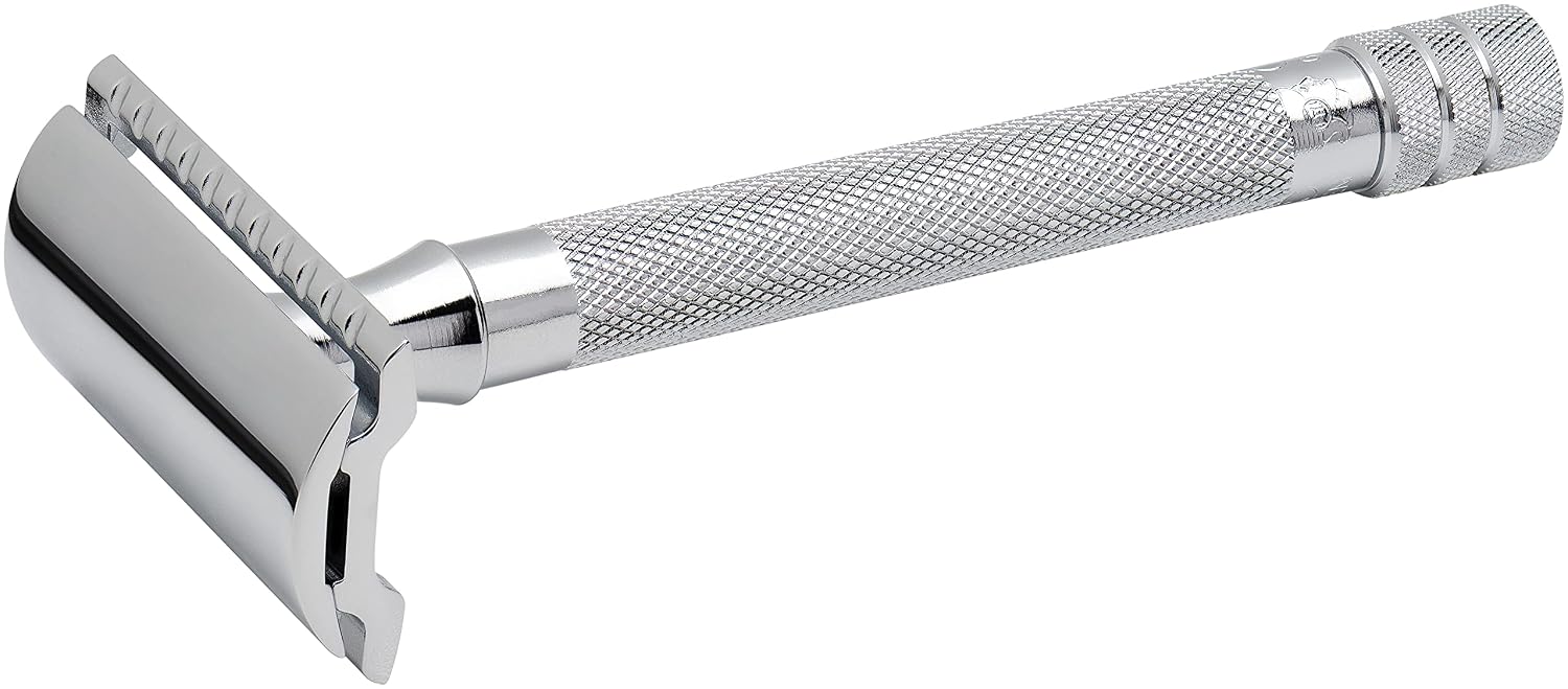 MERKUR 23C Double Edge Safety Razor - Polished Chrome, Long Knurled Brass Handle, Made in Germany, Plastic-Free, Three Piece Design, Closed Comb, Straight Bar