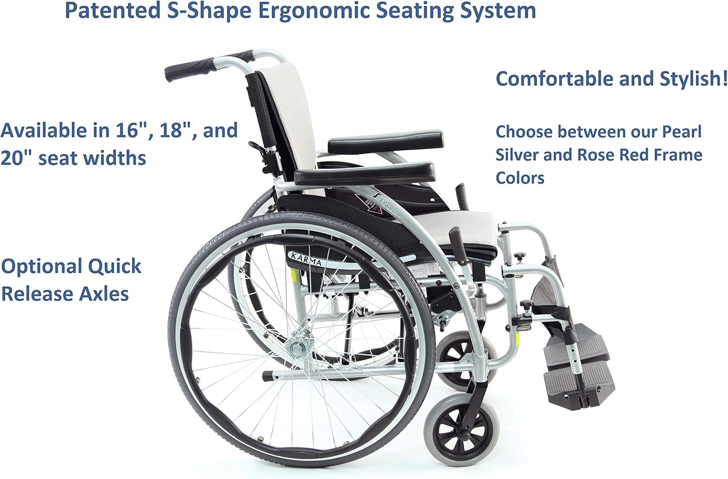Karman 25 lbs Ergonomic Wheelchair with Removable Footrest 18" Silver