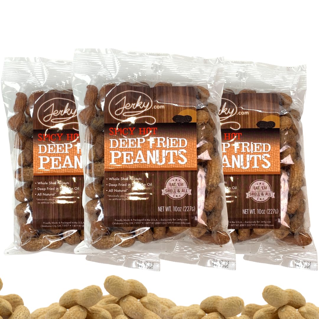 Jerky.com Deep Fried Spicy Hot Peanuts in Shell 3 Pack - Bold & Savory Peanuts - Roasted Spicy Peanuts in Shell for Human - USA Grown, Ultimate Spicy Gourmet Gift Peanuts (30oz Total)