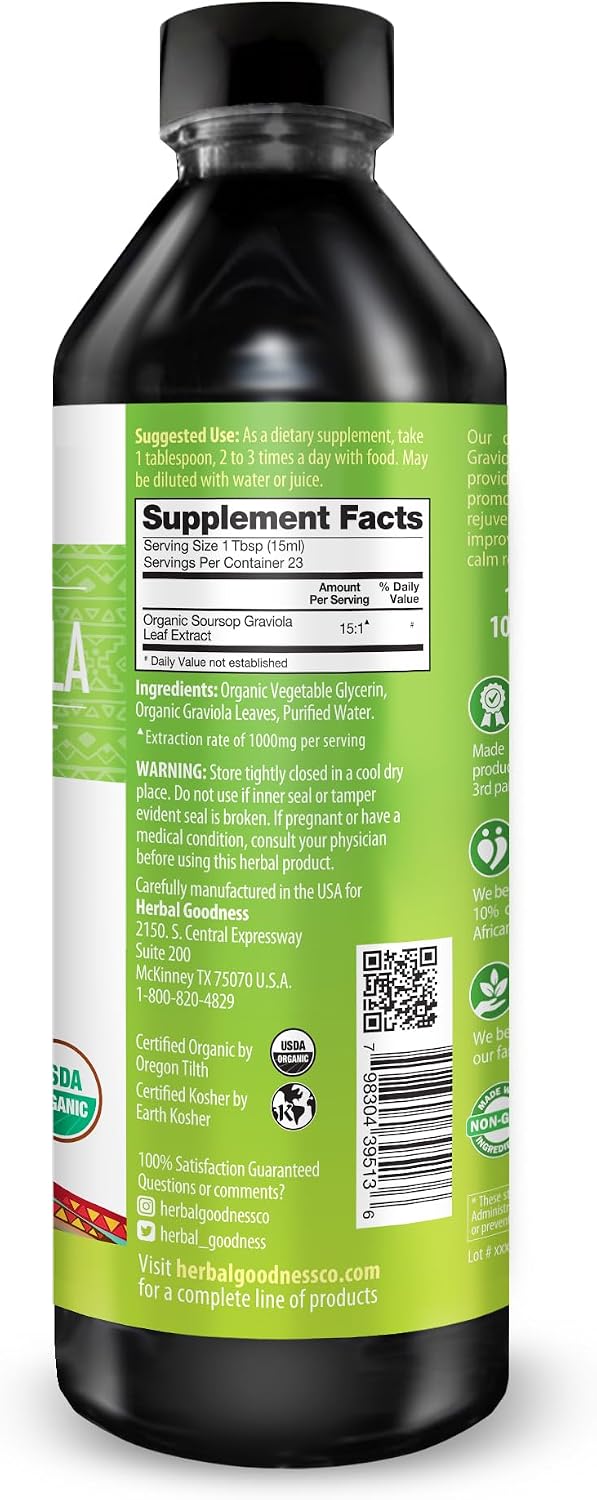 Herbal Goodness Soursop Graviola Liquid Drops Extract, Bitters 12Fl Oz | 15X Strength Organic Guanábana Hoja, Soursop Leaves Extract for Gut Health, Cell & Immune Support, Vegan, Non-GMO