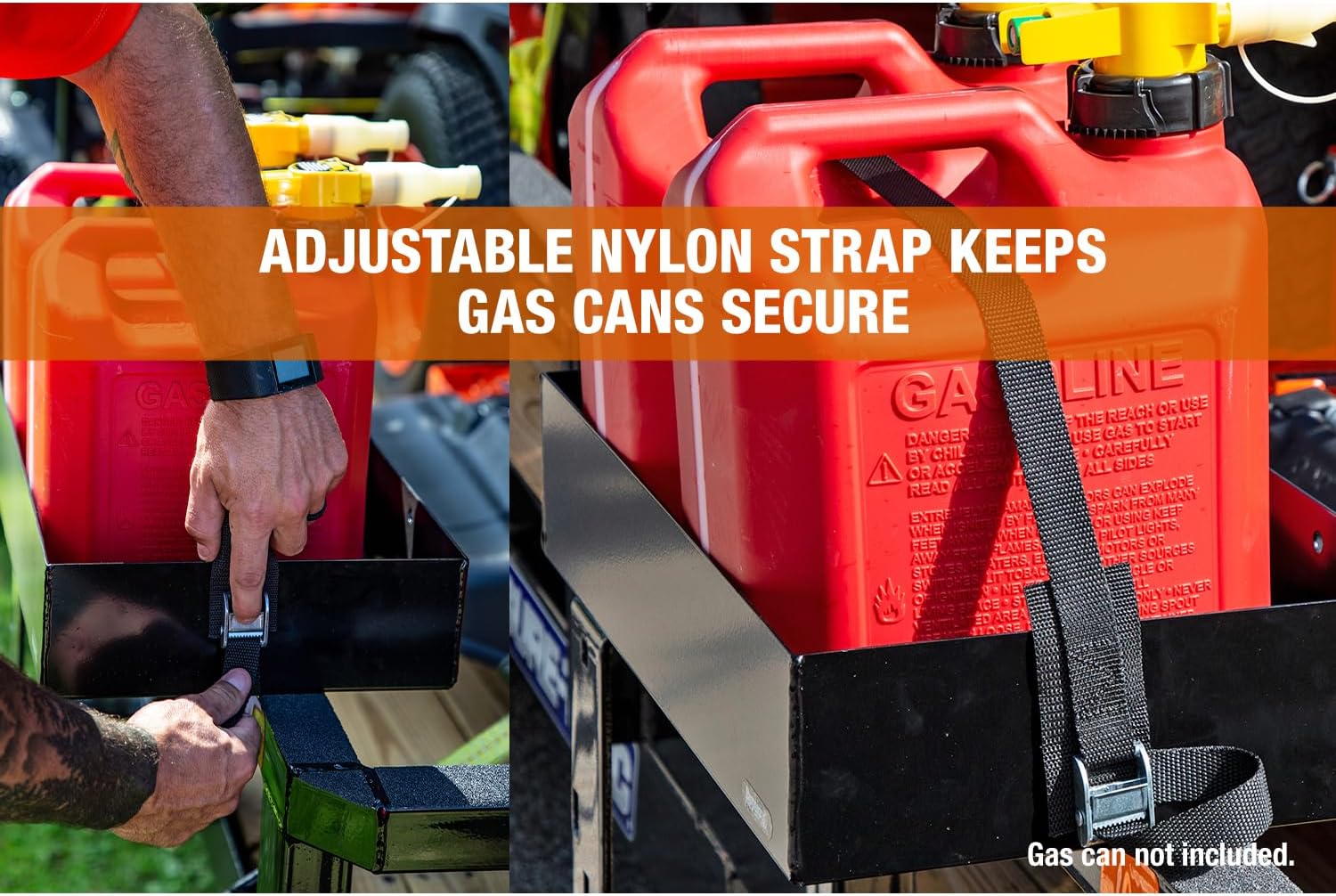 Buyers Products LT30 Gas Container Rack for Open or Enclosed Landscape Trailers, Bolt-On Carbon Steel Fuel Can Holder with Nylon Strap