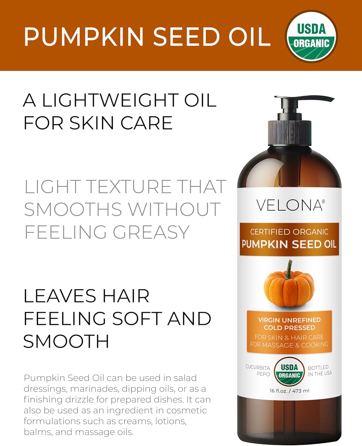 velona USDA Organic Pumpkin Seed Oil - 8 fl oz, Cold Pressed, with Pump