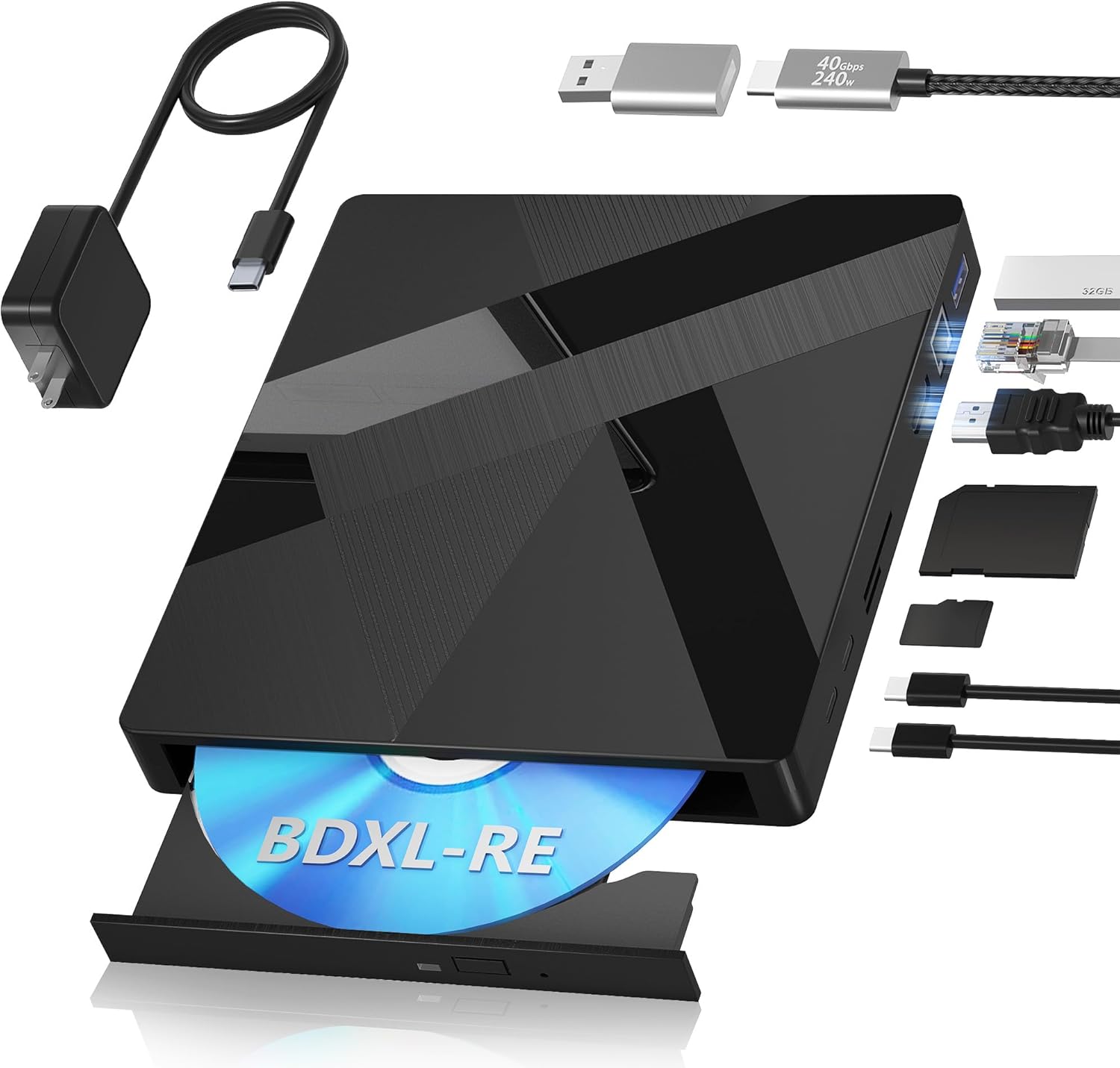 Wbacon External Blu ray Drive, Support 100GB BDXL-RE Disc Reading Writing | 40Gbps External Bluray Burner with HDMI & LAN