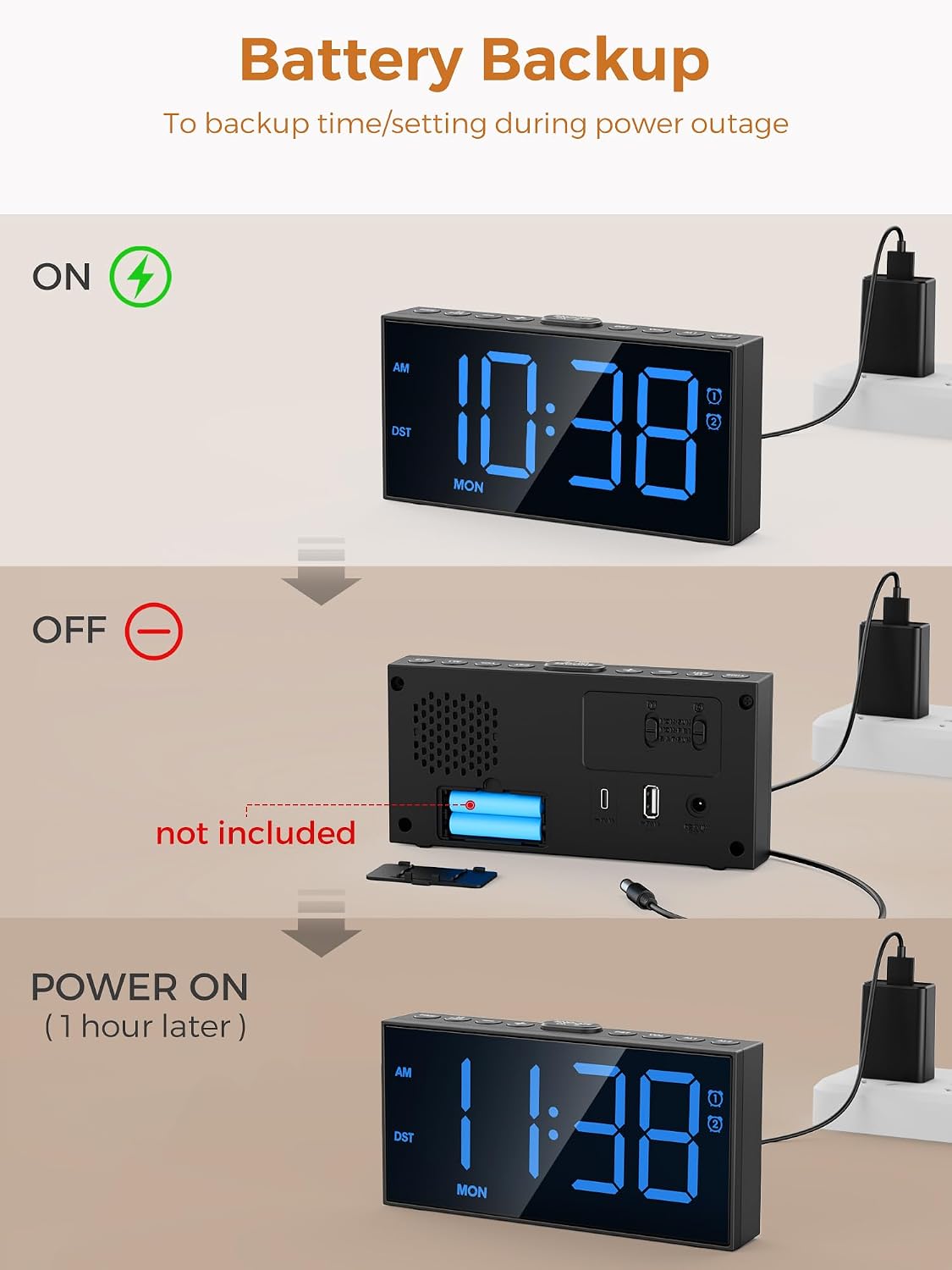 Digital Alarm Clocks for Bedrooms, Dual Alarms, 7.5-Inch Large Display