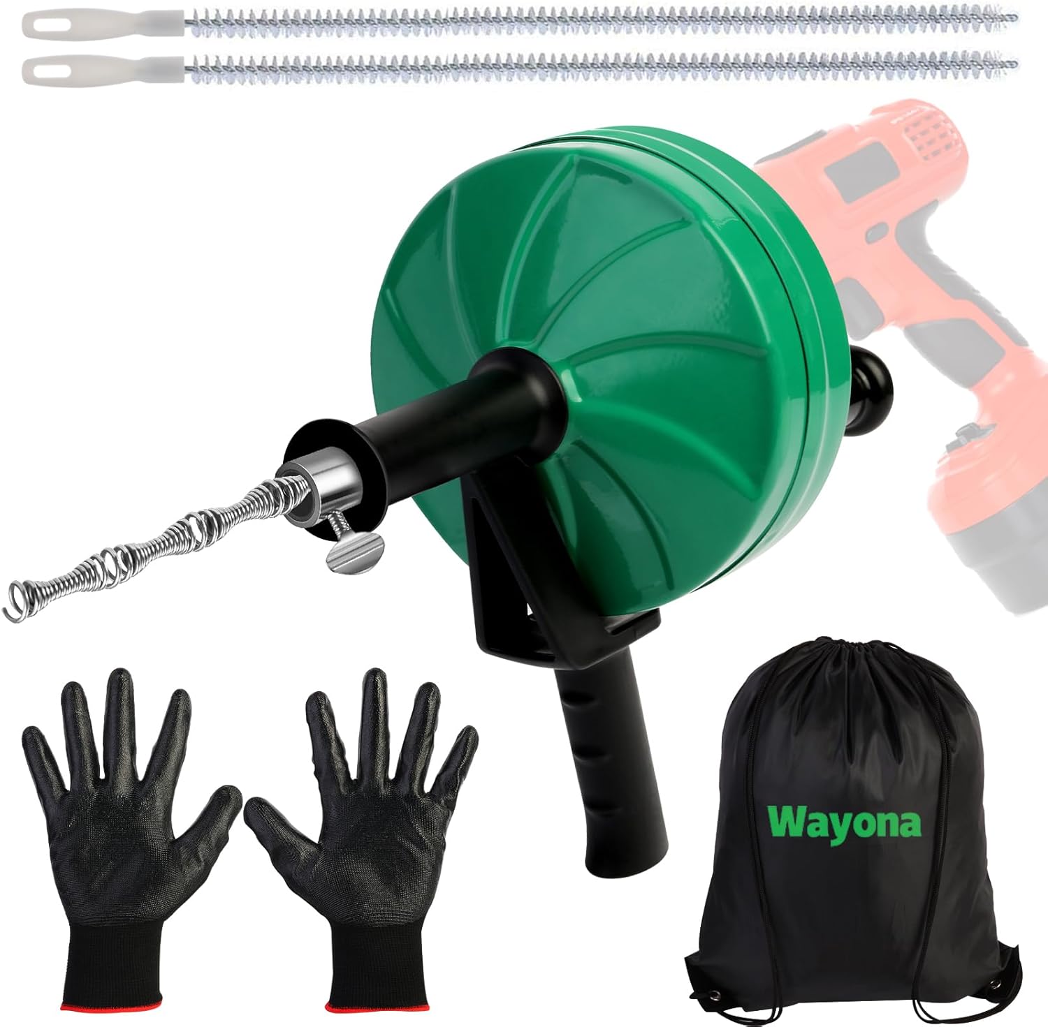 Wayona Drain Snake 50 FT, Plumbing Snake for Sink Snake Drain Clog Remover, Drain Snake with Drill Attachment with Bag Gloves Cleaning Brush