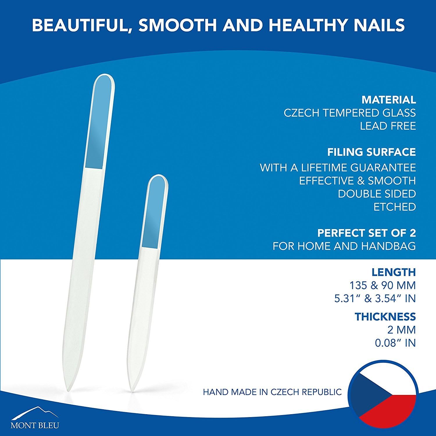 Mont Bleu Set of 2 Czech Glass Nail Files - Genuine Czech Tempered Glass - Handmade - Double Sided - Etched - Crystal Nail Files for Natural Nails