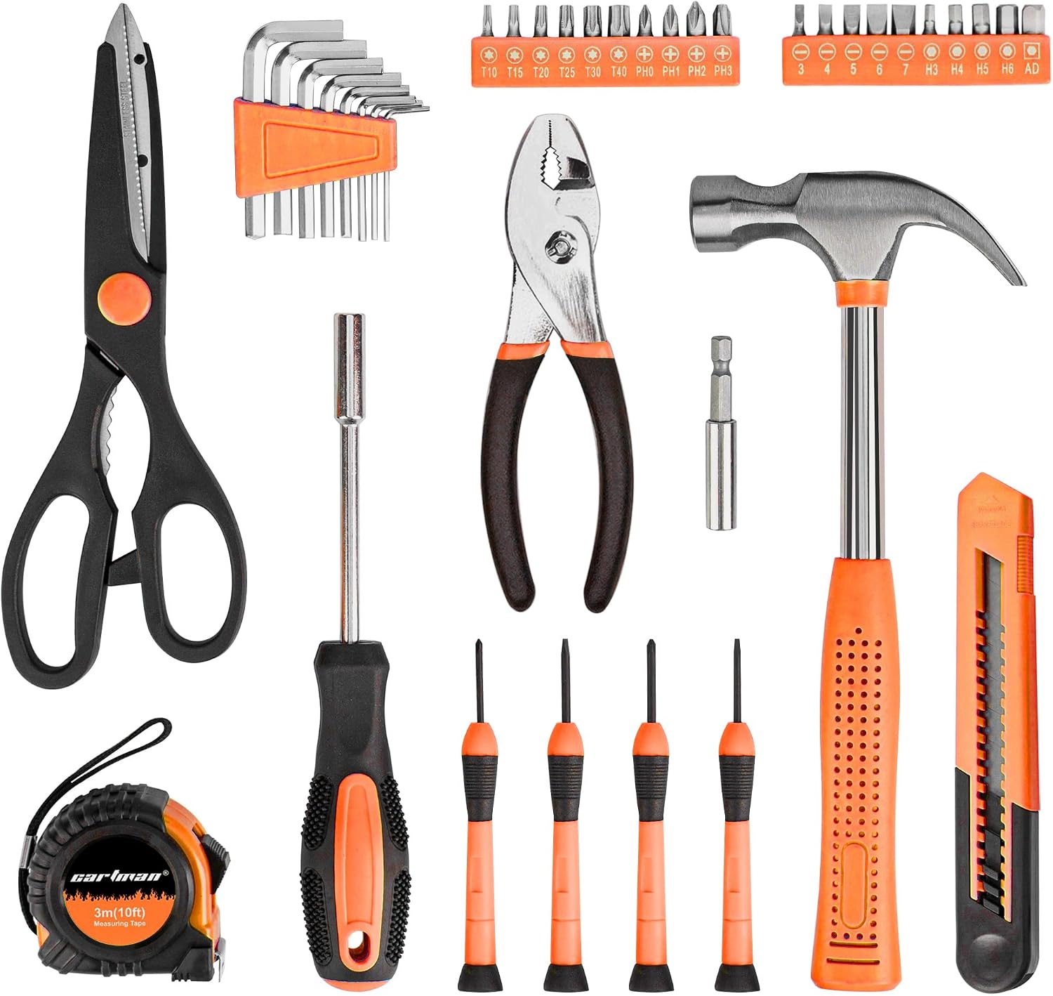 CARTMAN 39-Piece Household Tool Set, Orange Hand Kit With Storage Case | Complete assortment for home repairs, DIY projects, furniture setup, crafting, and daily household fixes in toolbox.