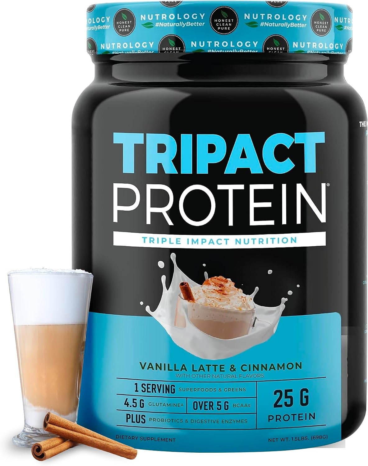 TRIPACT Protein Powder Vanilla Latte Cinnamon - 40 Servings | 7-in-1 Meal Replacement, Grass Fed Whey Protein, Pea Protein, Rice Protein, Greens Blend, Recovery Support