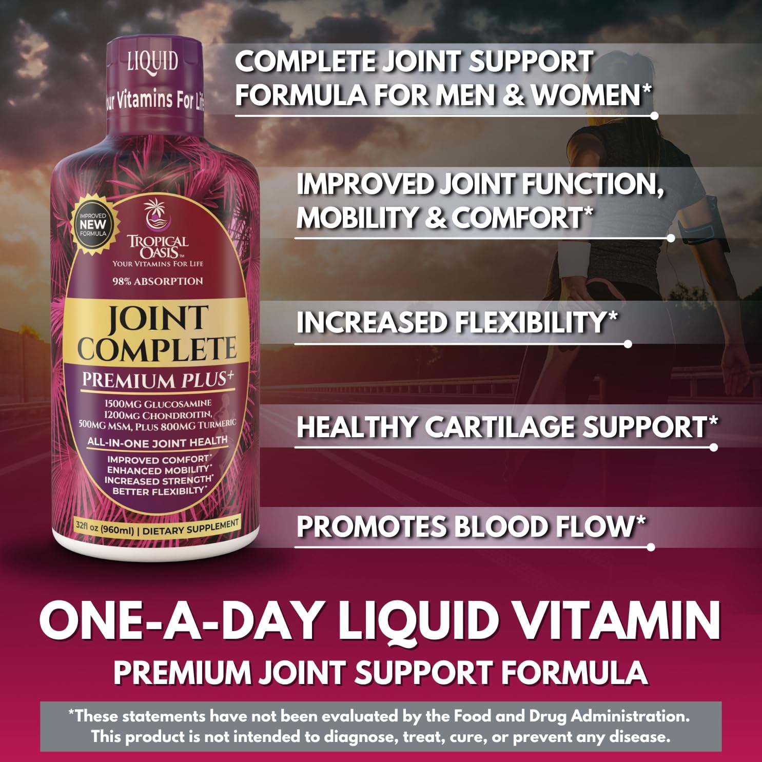 Joint Complete Premium Plus - Liquid Joint Supplement w/Glucosamine, Chondroitin, MSM Plus 800mg Turmeric – 98% Max Absorption – 32oz, 32 serv