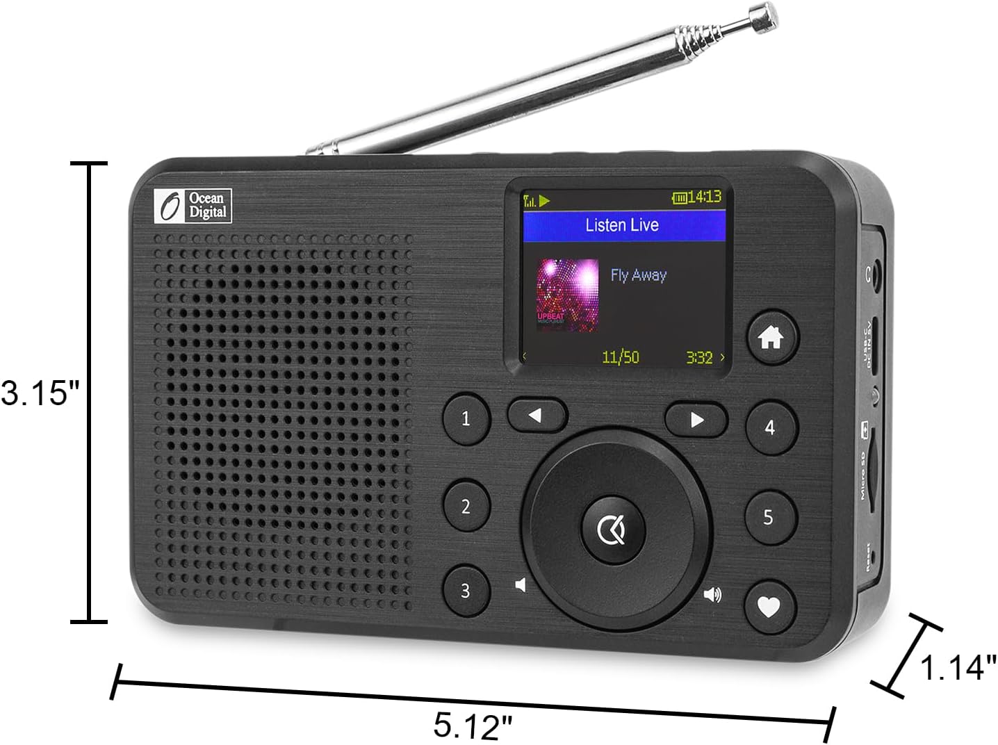 Ocean Digital WR-18 Handheld Portable Internet Radio, FM, Bluetooth Speaker, Micro SD, Rechargeable, 5 Preset Buttons, Dimmer, Auto-Off Timer