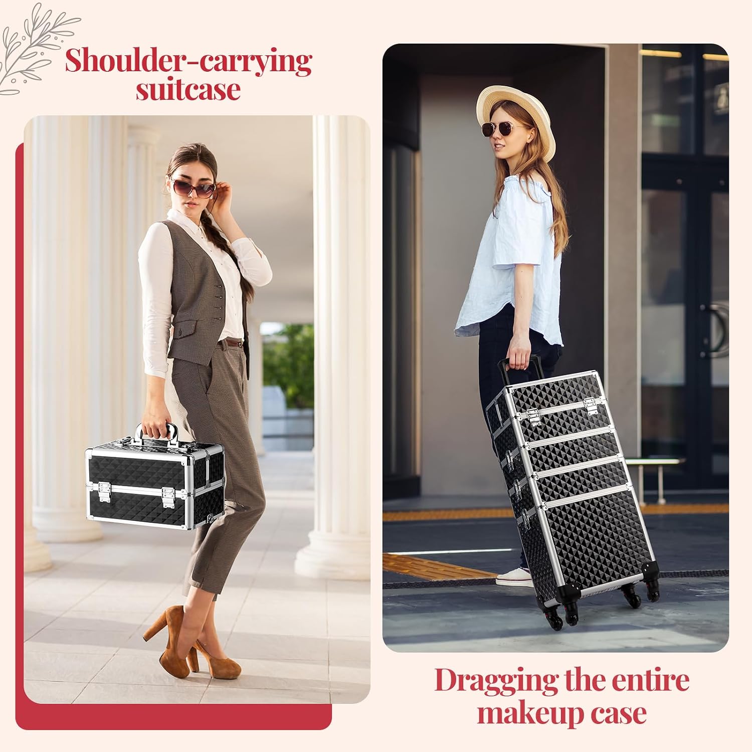 mefeir 4 in 1 Rolling Makeup Train Case, Aluminum Makeup Travel Organizer Cosmetic Case, Cosmetology Display Suitcase on Wheels, Beauty Storage Luggage Lockable w/4 Removable Wheels (Black)
