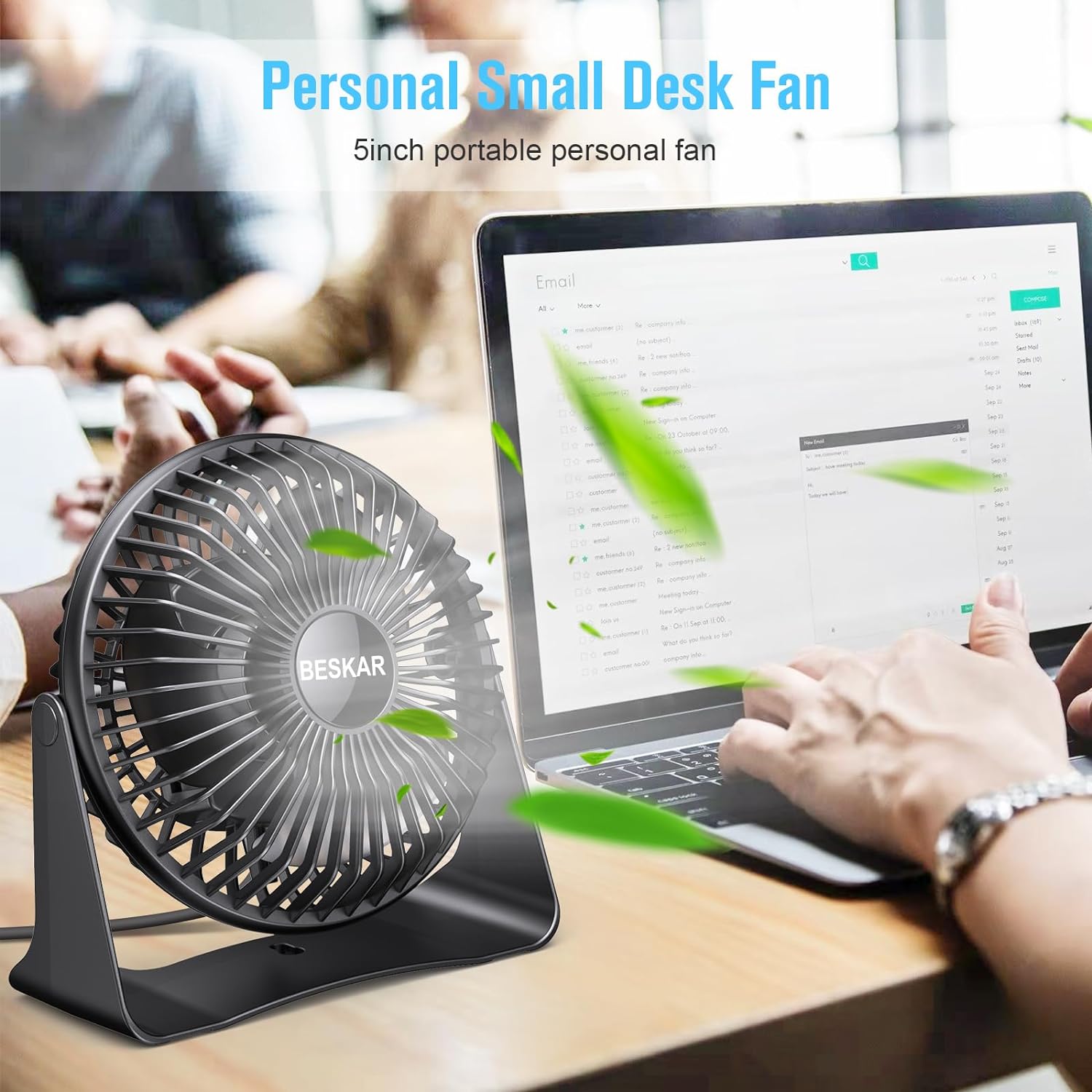 BESKAR USB Small Desk Fan, Portable Table Fans with 3 Speeds Strong Airflow