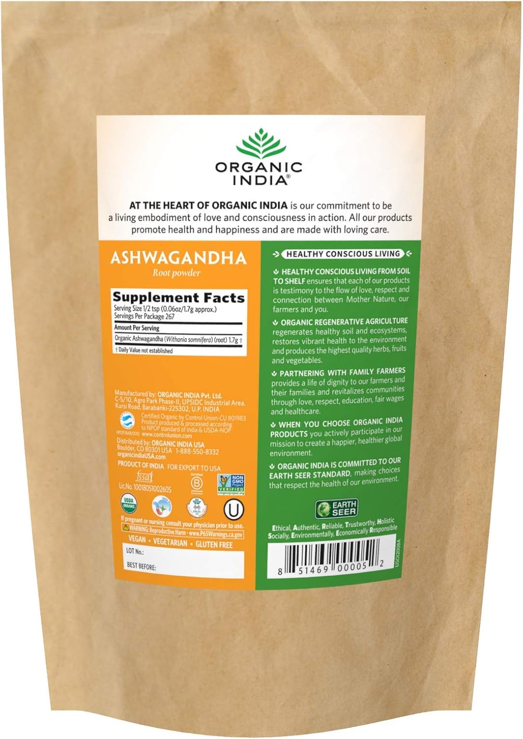 ORGANIC INDIA Ashwagandha Powder Organic - Ashwagandha Root Powder Bulk, Herbal Supplement - Vegan, Gluten-Free, Kosher, Non-GMO
