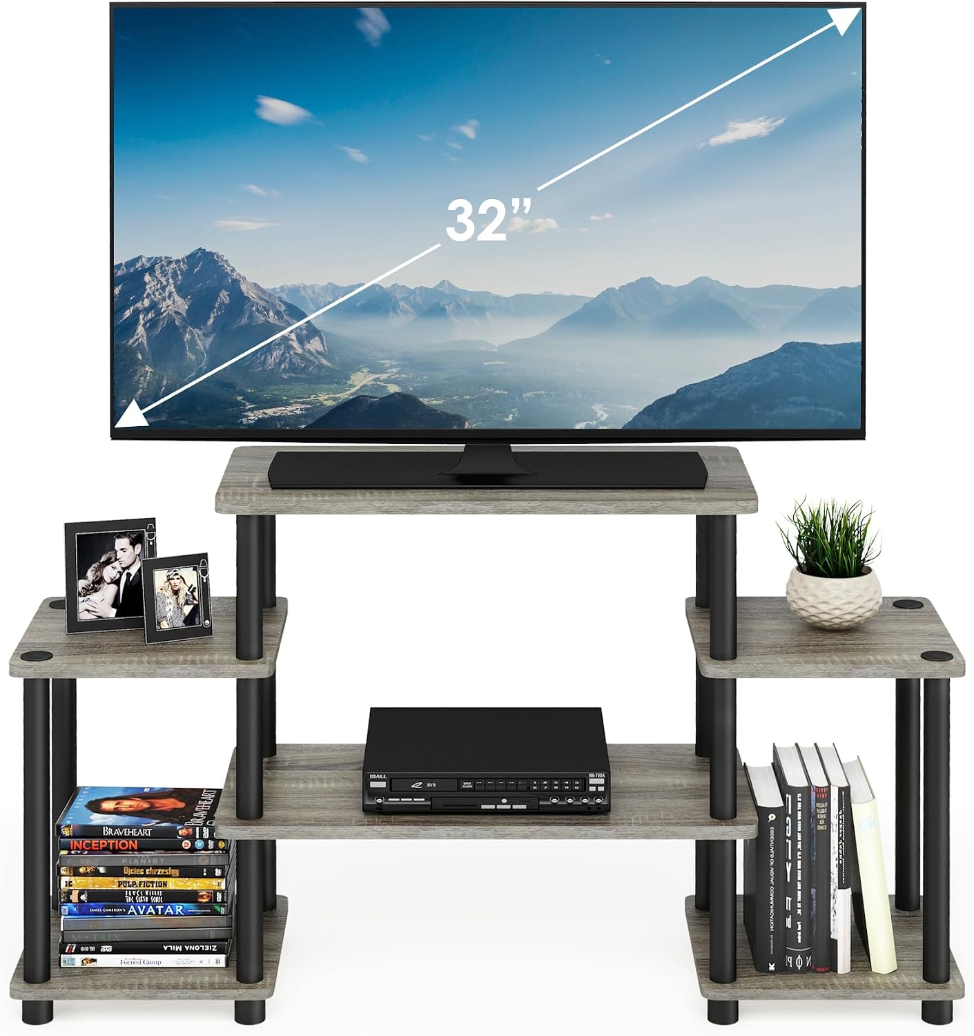 Furinno Turn-N-Tube No Tools Entertainment Center, Round Square Corner, French Oak Grey/Black | Raised Top, Open Shelves TV Console with for TV up to 32 Inch, for Living Room, Bedroom