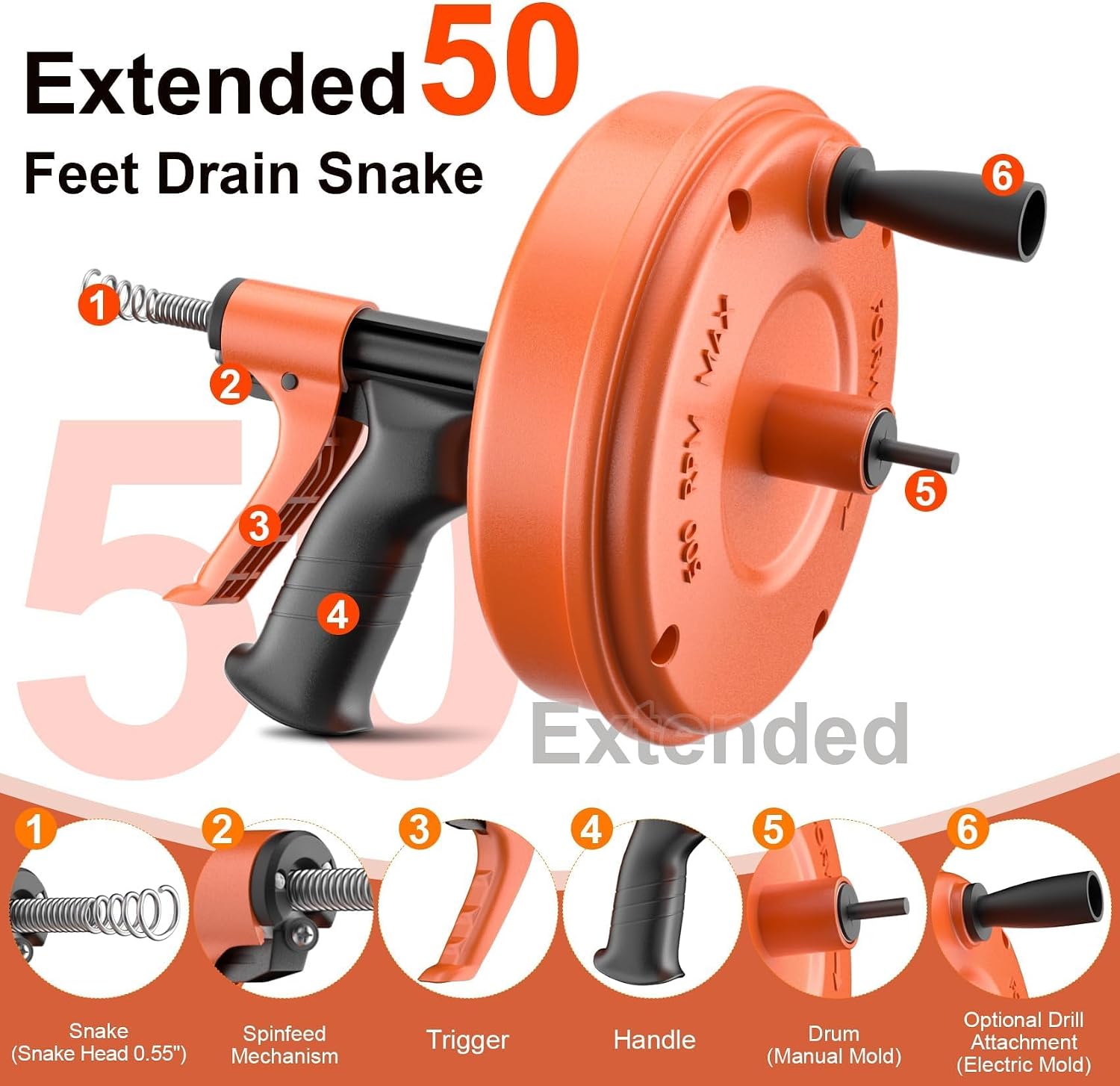 【2026 Newest】50 FT Drain Snake, Plumbing Snake Drain Auger Hair Clog Remover, Flexible Plumbing Snake Use Manually or Powered for Kitchen