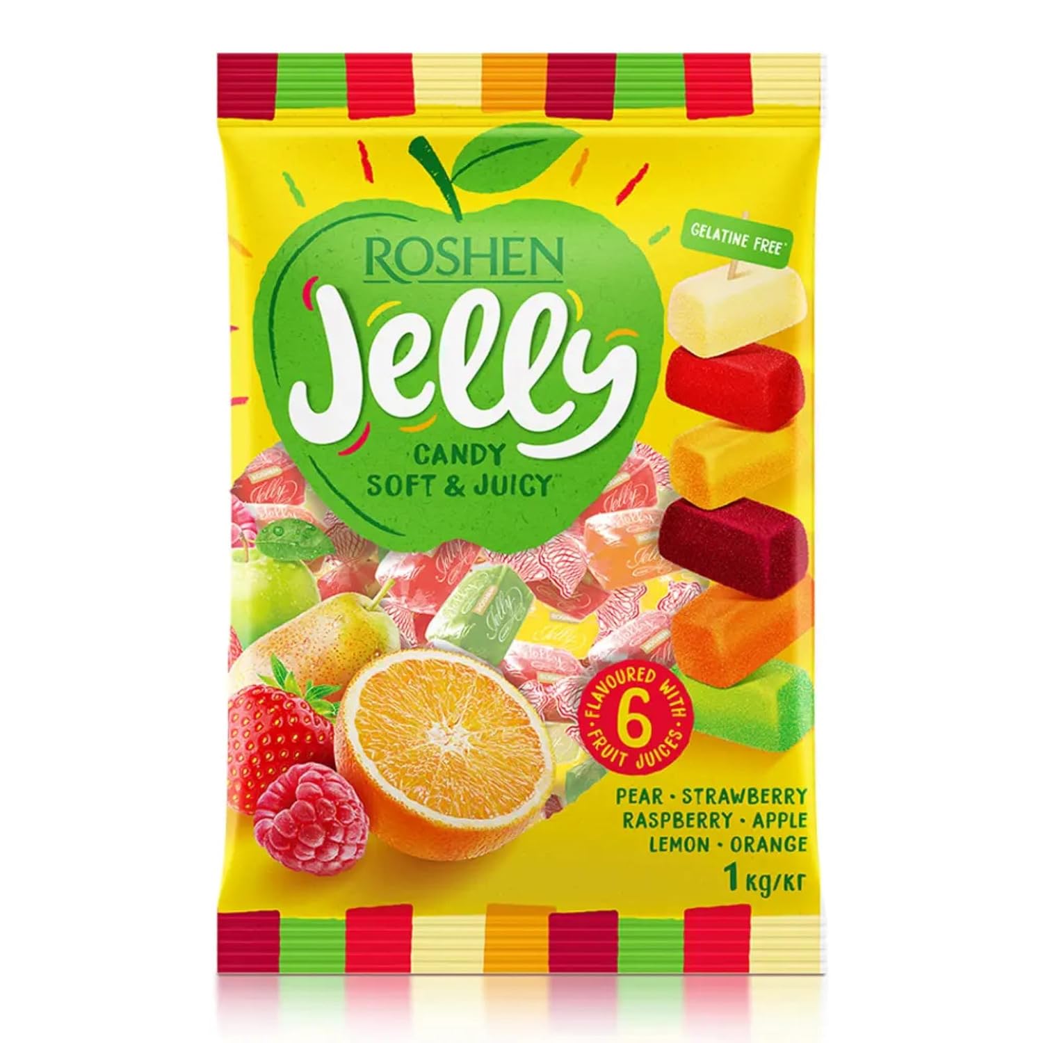 Roshen Mixed Fruit Jelly Candy, 2.2 lb (1 kg) Bulk Bag – Soft & Juicy Fruit Jelly Candies with 6 Fruit Juices, Gelatin-Free, Kosher & Halal Chewy Candy