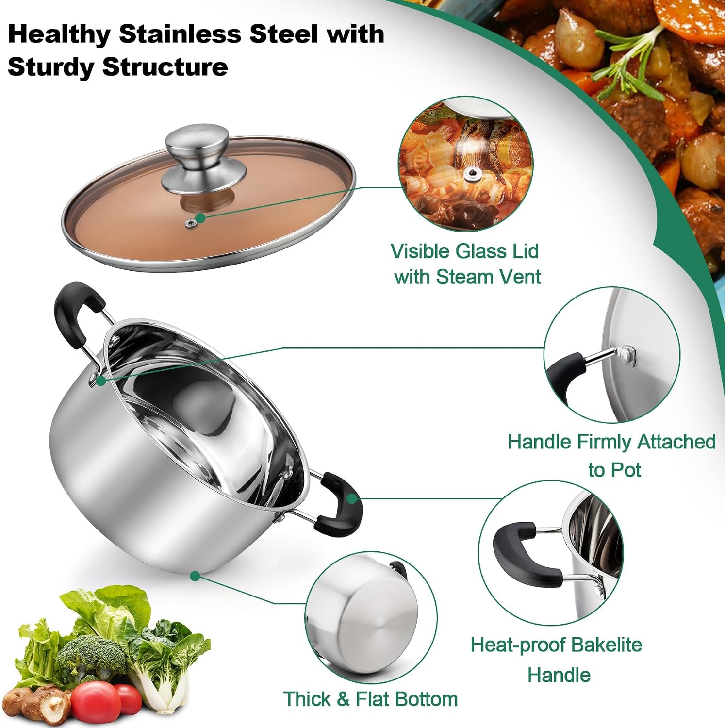 TeamFar 4 Quart Stock Pot, Stainless Steel Stock Pasta Soup Pot with Lid