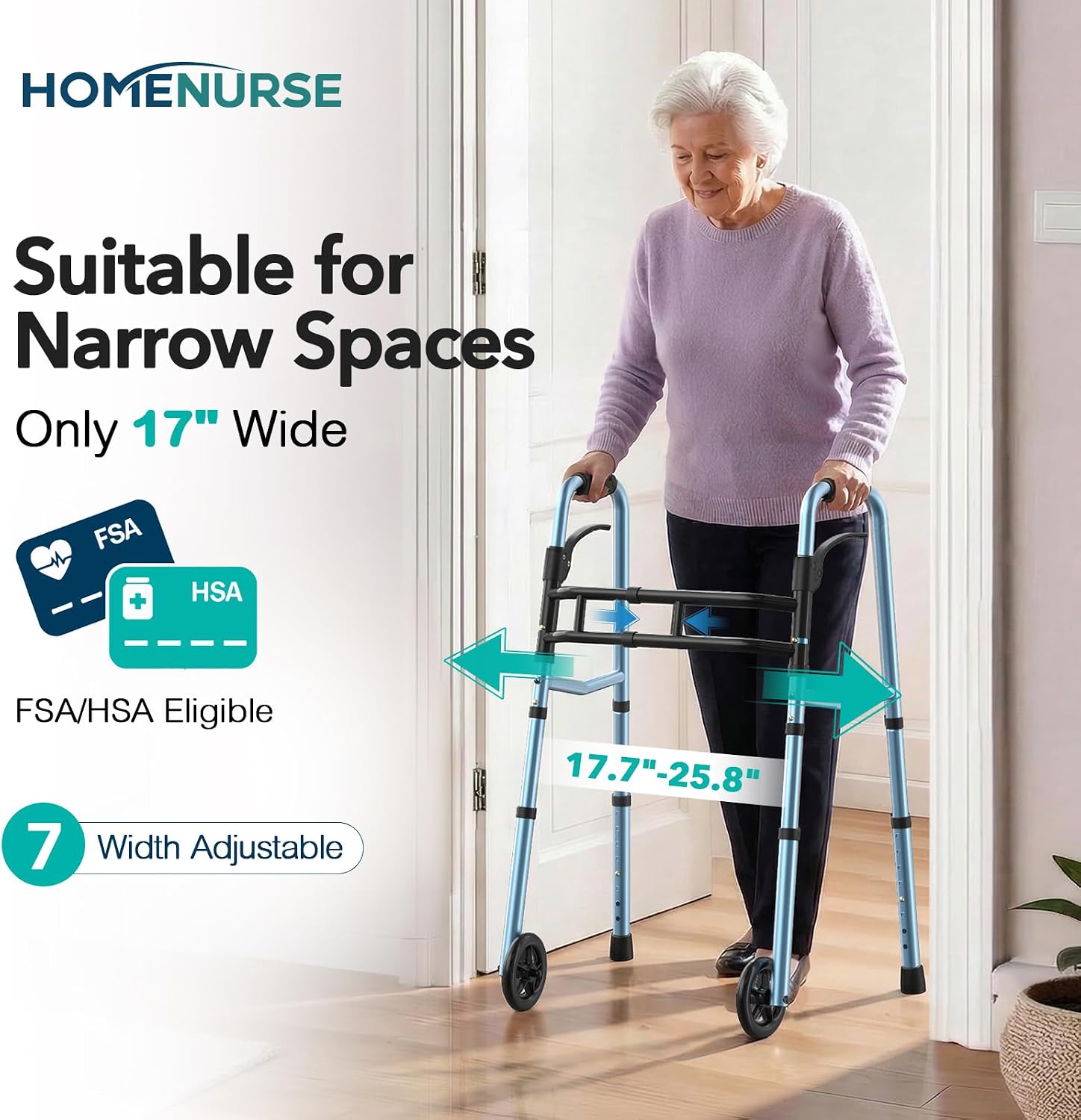 HOMENURSE Folding Walkers for Seniors with Skis, Width & Height Adjustable | Narrow Walker with 5" Wheels for Small Spaces, Aluminum Lightweight Standard Rolling Walker, Supports Up to 300lbs, Silver