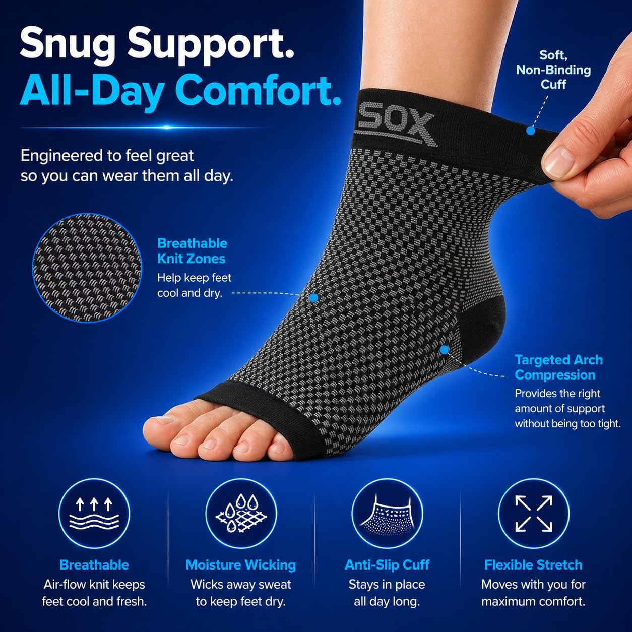 SB SOX Compression Socks for Plantar Fasciitis Relief (Gray, Medium) | Best Socks for Heel Pain Relief, Achilles Tendonitis & Foot Pain – Toeless Ankle Compression, All-Day Comfort