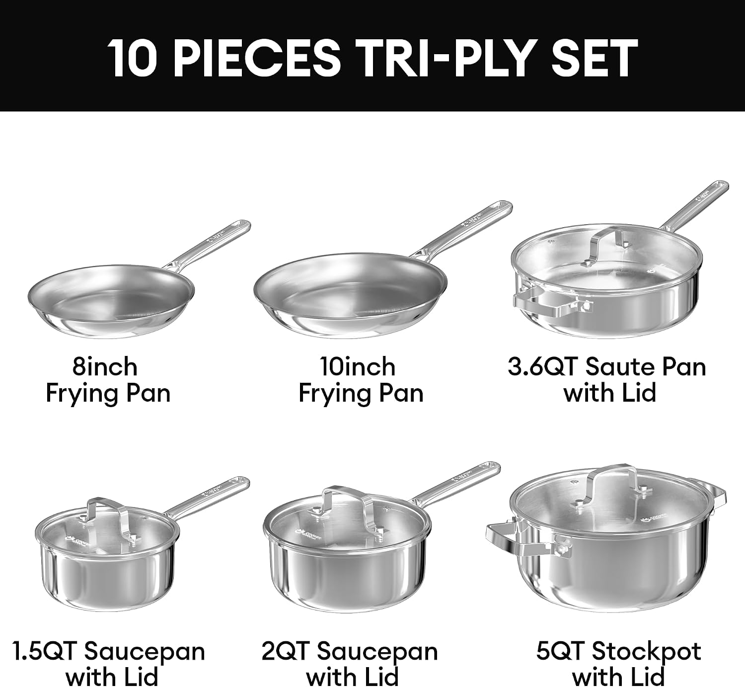 Tri-Ply Stainless Steel Cookware Set, 10pcs Pots and Pans Set Non Toxic | PFOA Free, Oven Safe to 900℉, Dishwasher Safe, All Cooktop Compatible