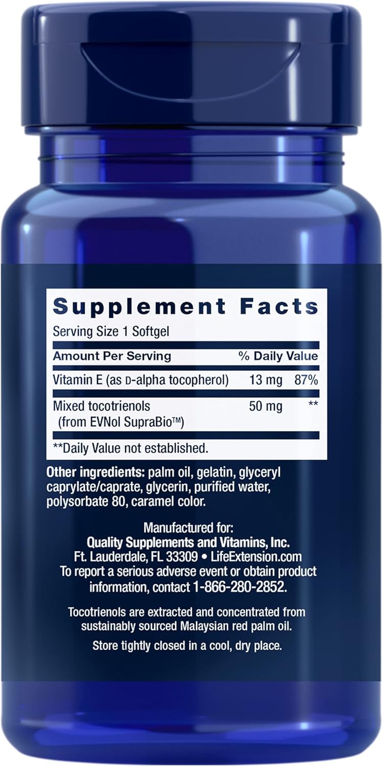 Life Extension Super Absorbable Tocotrienols, Vitamin E as D-Alpha tocopherol, Mixed tocotrienols, Support Hair Growth, Brain Function, Gluten-Free