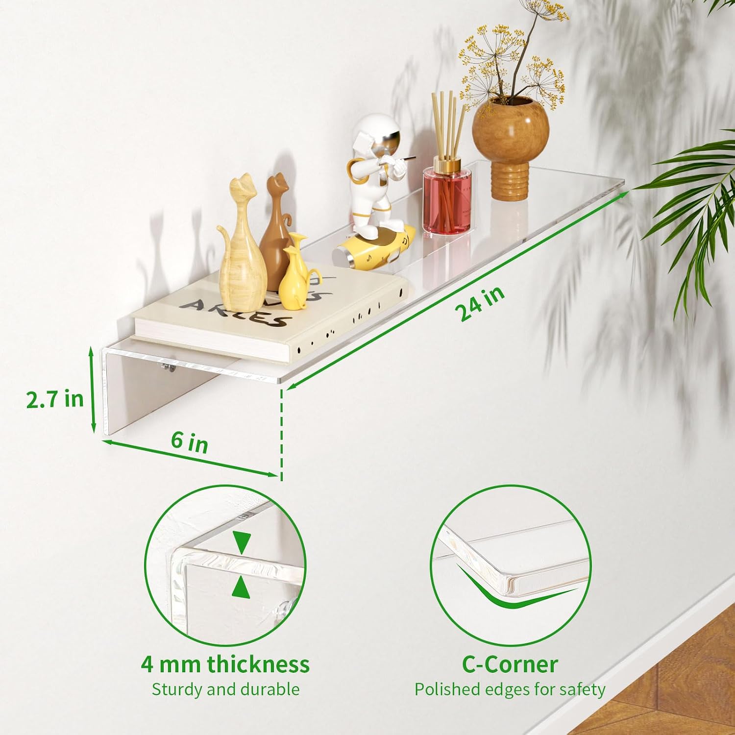 FEMELI 2 PCS 12" Acrylic Floating Shelves, Clear Shelf for Wall Display
