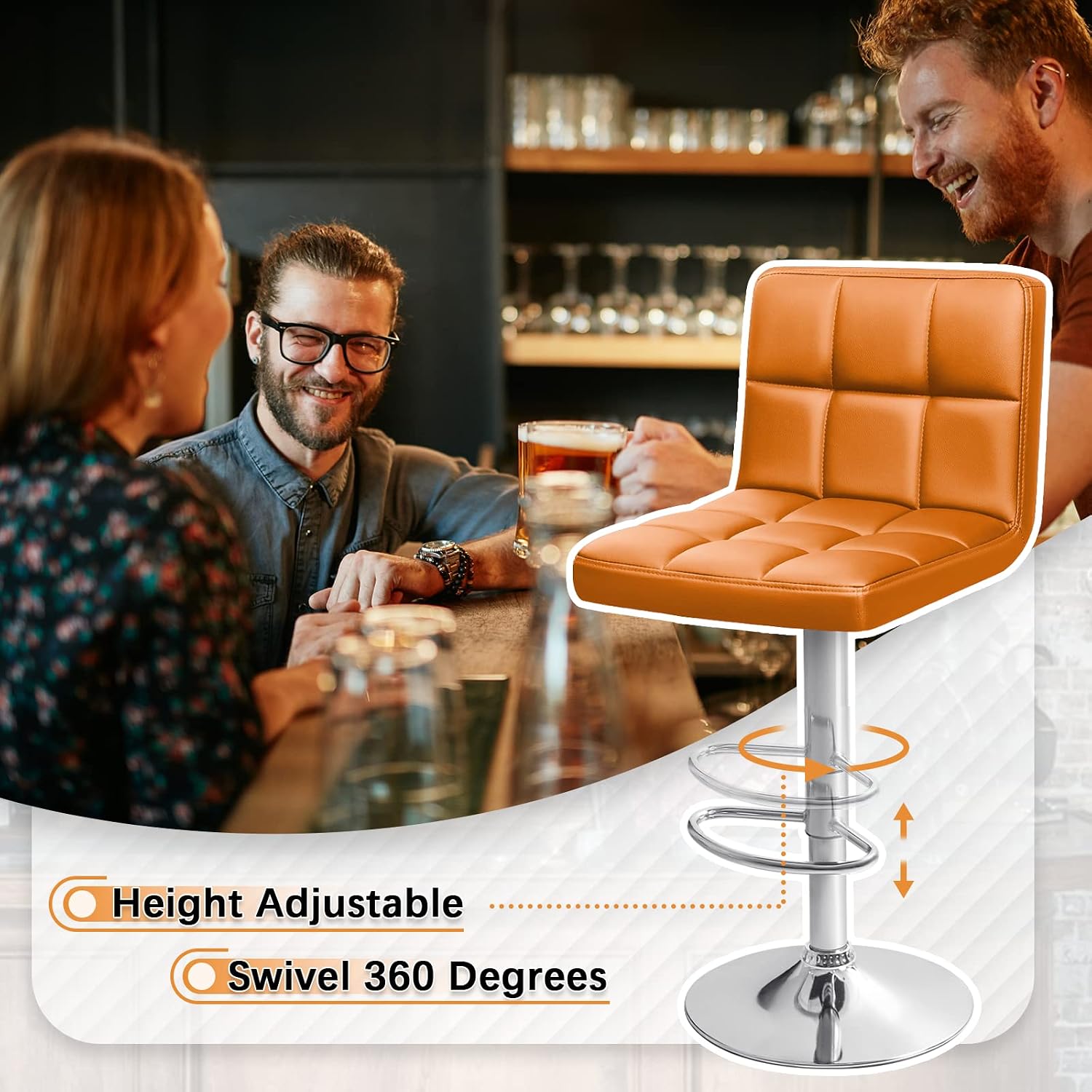 Homall Bar Stools Modern PU Leather Adjustable Swivel Barstools, Armless Hydraulic Kitchen Counter Bar Stool Extra Height Square Island Barstool with Back Set of 2 (Leather, White)