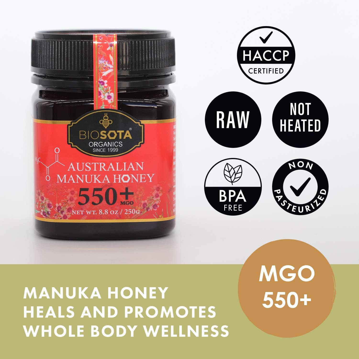 BIOSOTA Organic Manuka Honey MGO 550+ - Medical Grade Manuka Honey from Australia NPA/ULF 15+, 100% Raw Unheated Pure Honey, 8.8oz (550+) (MGO 550+)