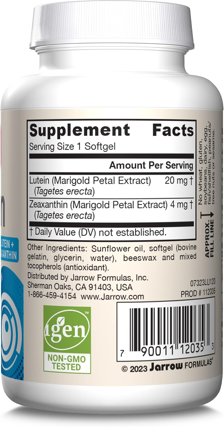Jarrow Lutein 20 mg with Zeaxanthin, Visual Function Support, 120 Softgels | Dietary Supplement For Visual Function And Macular Health Support