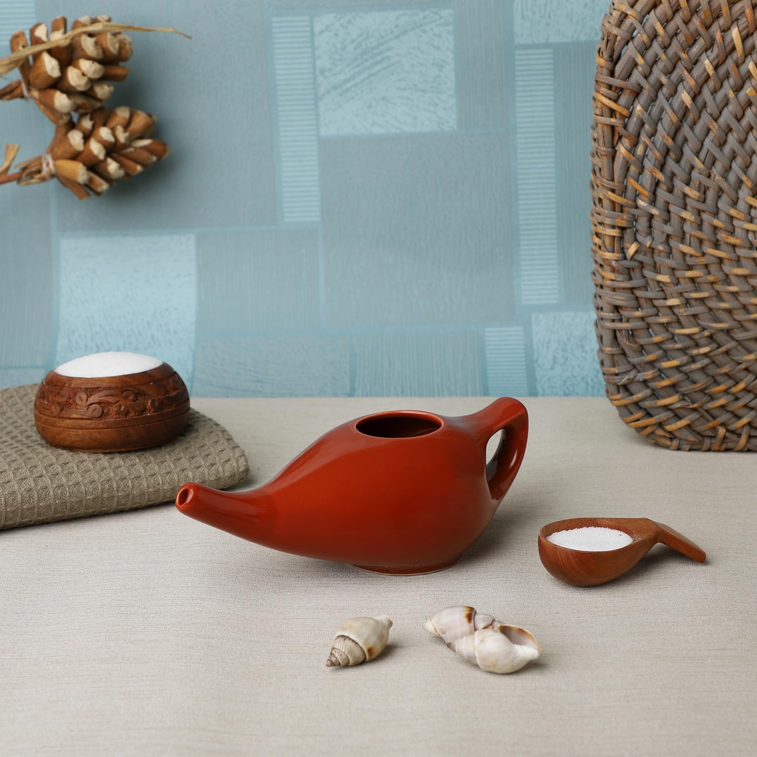 HealthGoodsIn Ceramic Neti Pot, Dishwasher Safe, Premium Handcrafted with 2 Silicone Nozzle and Salt for Sinus - 225 Ml. Capacity (Brown)