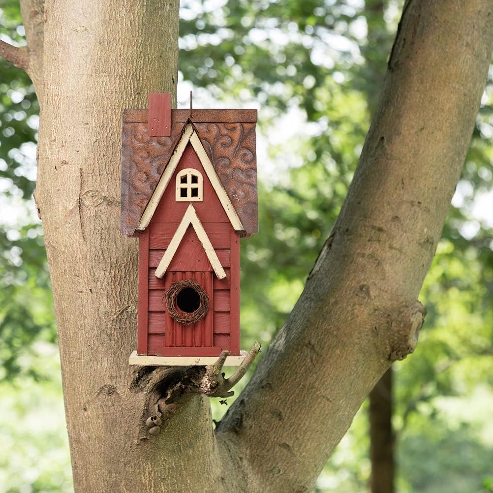 Glitzhome 12" H Green Hanging Distressed Solid Wood Garden Bird House Decorative Birdhouse