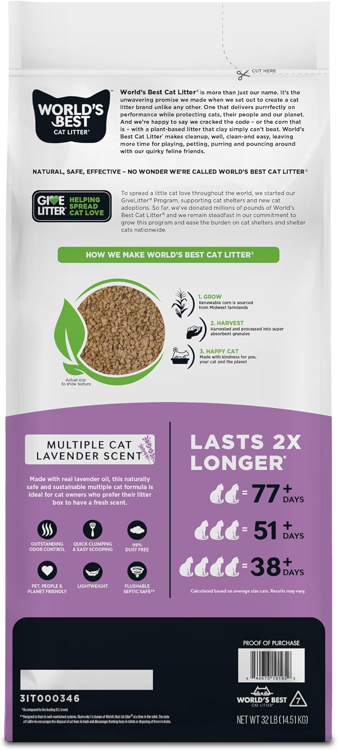 World's Best Cat Litter, Lavender Scented, Long-Lasting Odor Control, 15 lb | Controls multi-cat odors with a calming lavender scent; natural corn litter, quick clumping, flushable, 99% dust free formula