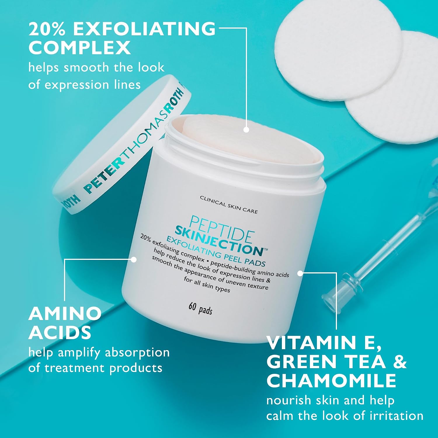 Peter Thomas Roth | Peptide Skinjection™ Exfoliating Peel Pads, For Smoothing Expression Lines & Emerging Wrinkles, Fragrance-Free, Alcohol-Free