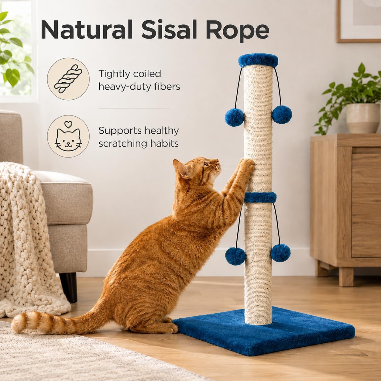 Dimaka 29'' Cat Scratching Post, Natural Sisal Rope Scratcher Post, Kitten Claw Scratch with 4 DanglingToy Balls for Large Cats (Grey)