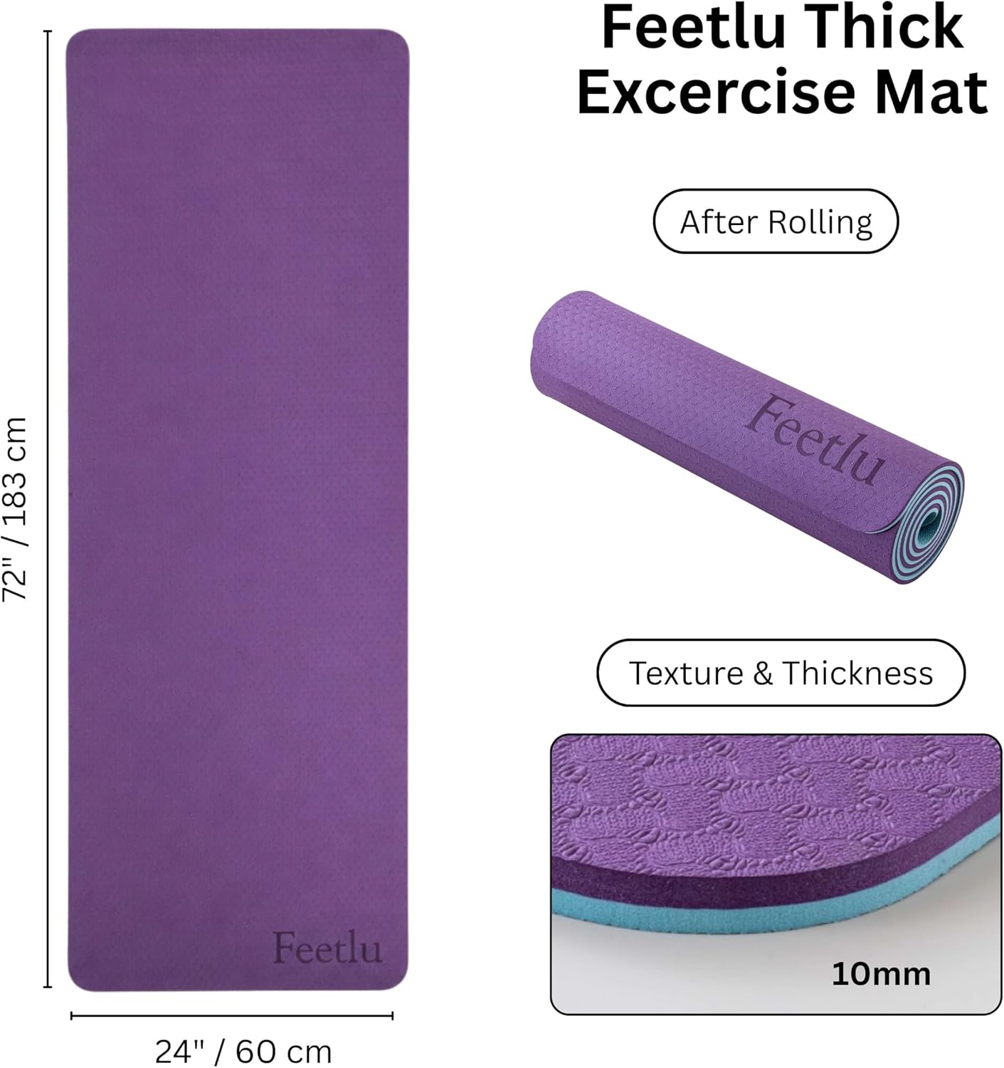 Extra Thick Yoga Mat with Carry Strap, 10mm Non-Slip Exercise Mat, 72 x 24 Inch Cushioned Workout Mat for Yoga, Pilates, Stretching & Floor Exercises