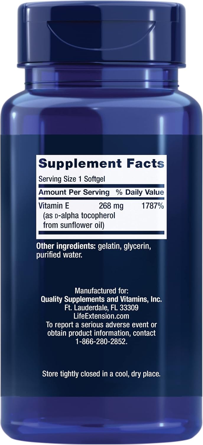 Life Extension Super Vitamin E, 268 mg (400 IU), Non-Synthetic Vitamin E Supplement Promotes Whole-Body Health, Gluten-Free, Non-GMO, 90 softgels