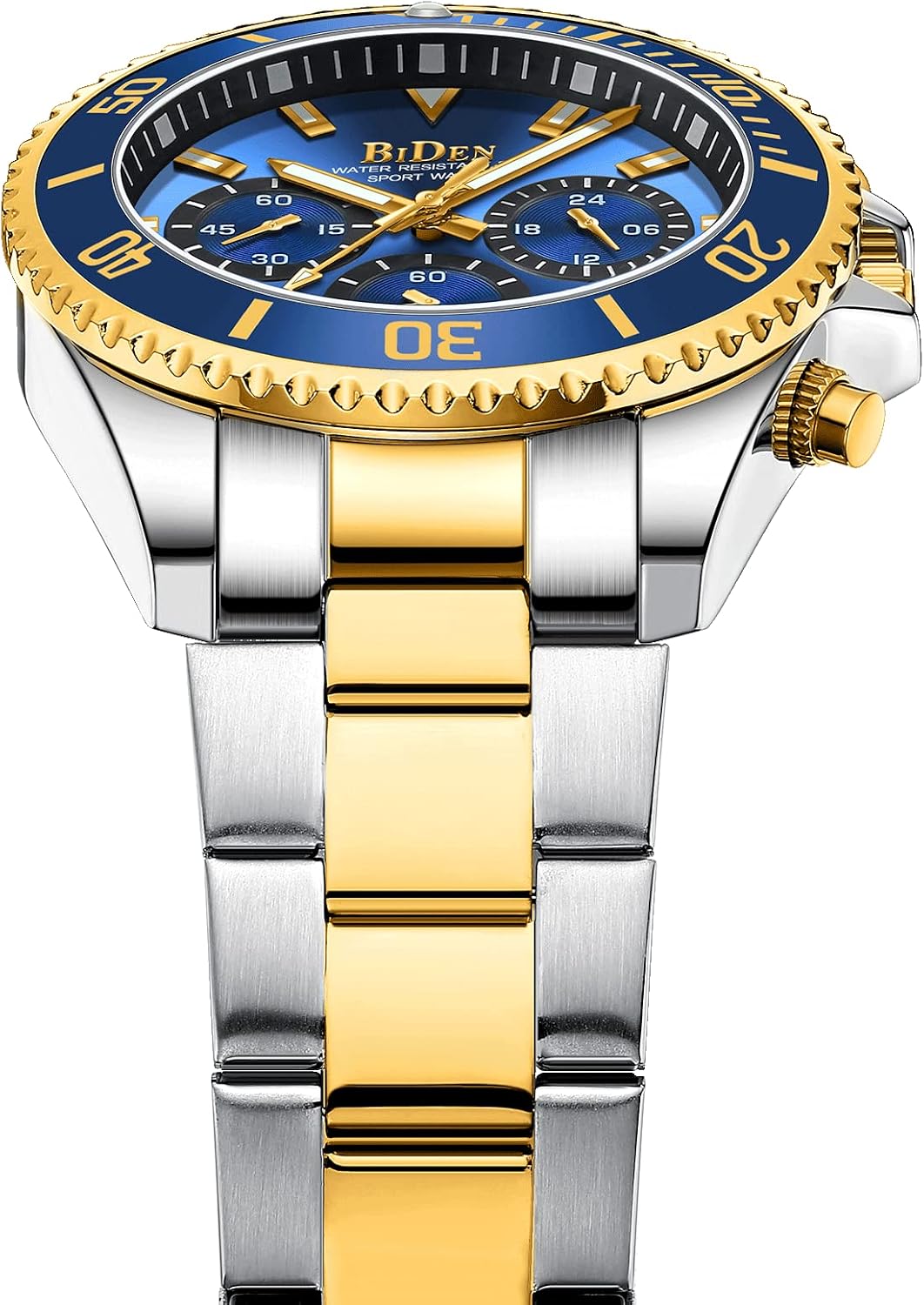 BIDEN Mens Watches Chronograph Gold Blue Stainless Steel Waterproof Date Analog Quartz Watch Business Casual Fashion Wrist Watches for Men